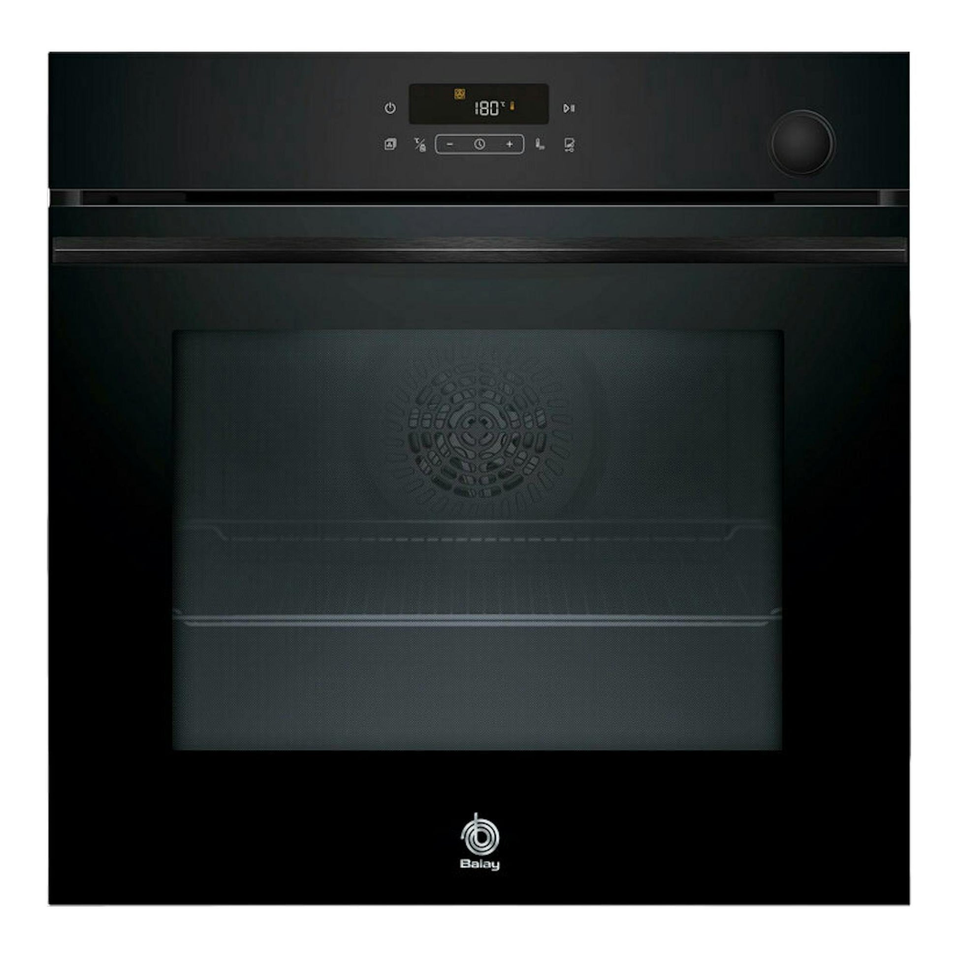 Horno Balay 3HA5829N3 de cristal negro, vista frontal, con panel digital y mando giratorio.