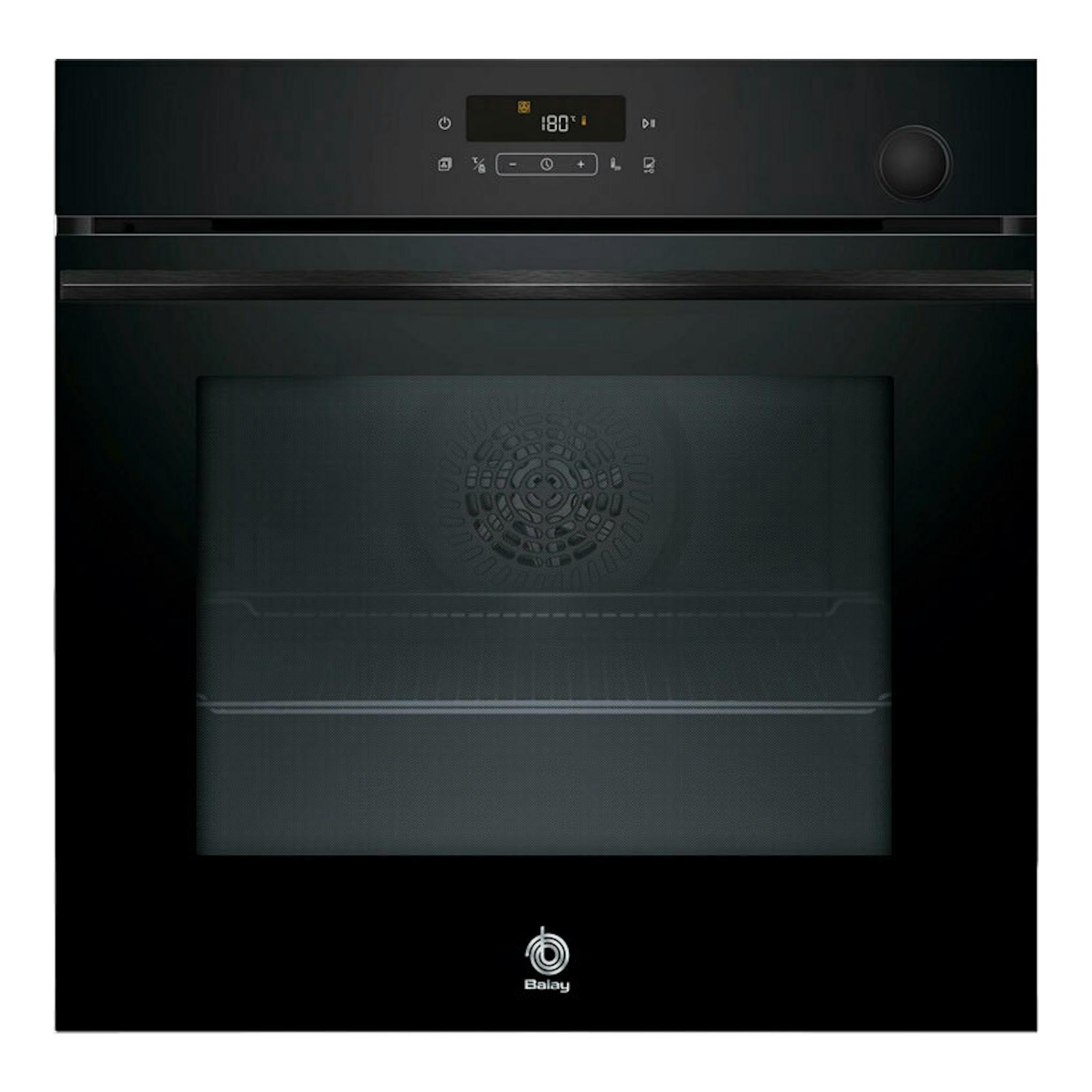 Horno Balay 3HA5829N3 de cristal negro, vista frontal, con panel digital y mando giratorio.