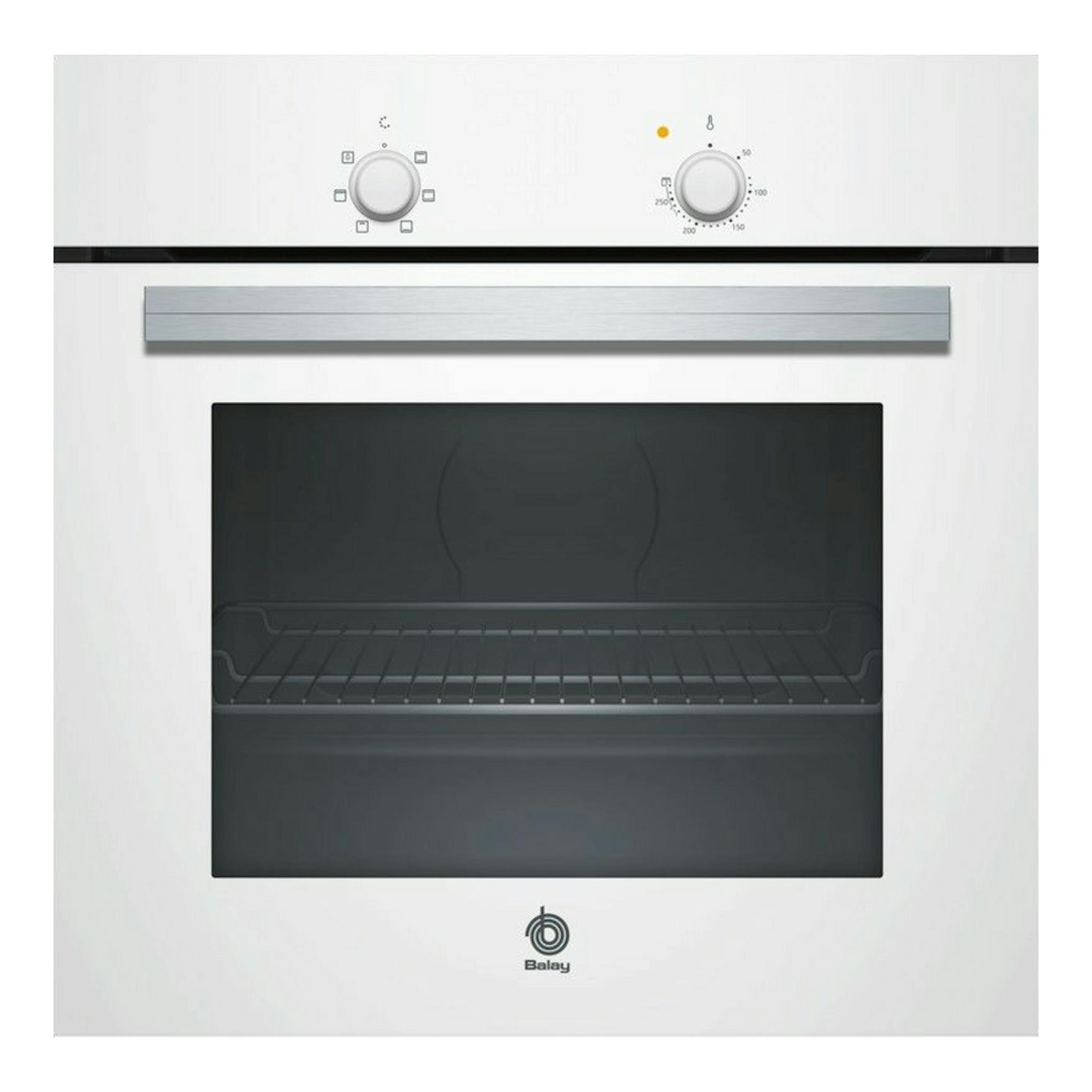 Horno Balay 3HB1000B0 blanco, vista frontal, con dos mandos y puerta de vidrio negro.