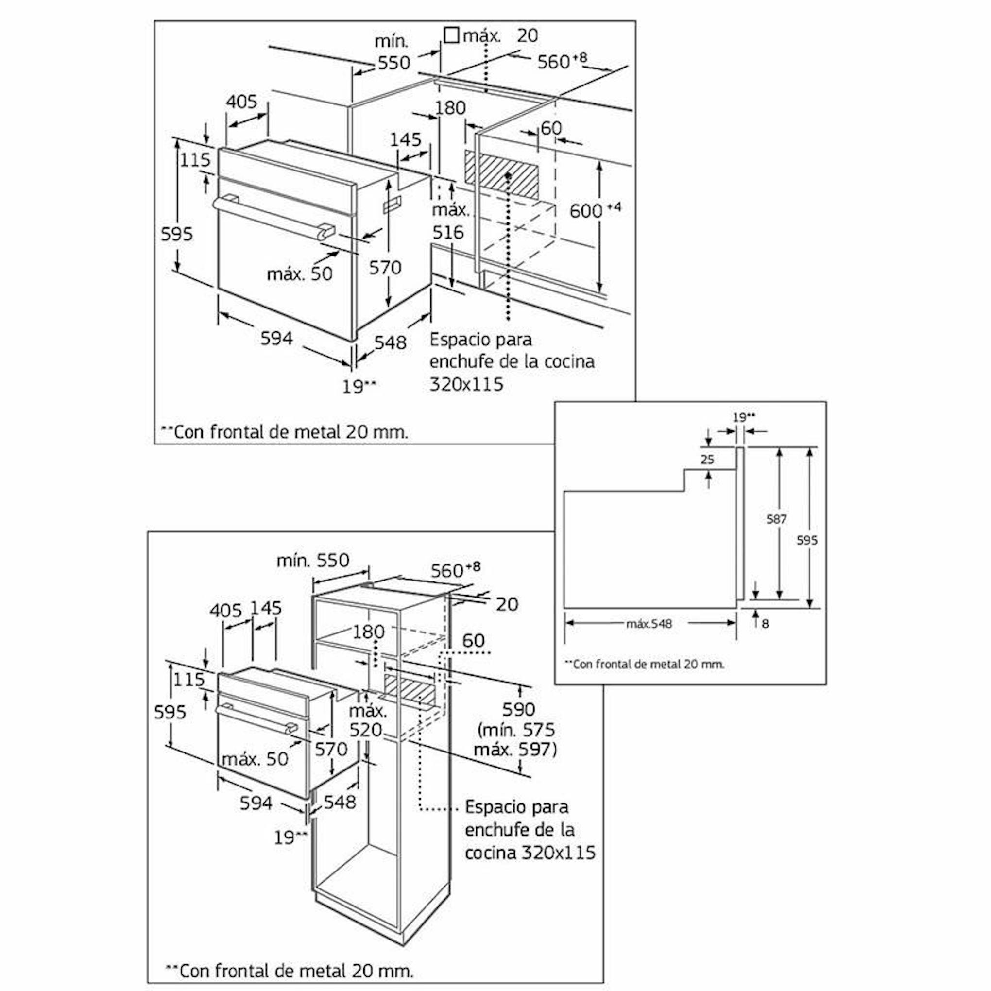 Plano de instalación del horno Balay 3HB1000X0 Inox con medidas y esquemas de encastre