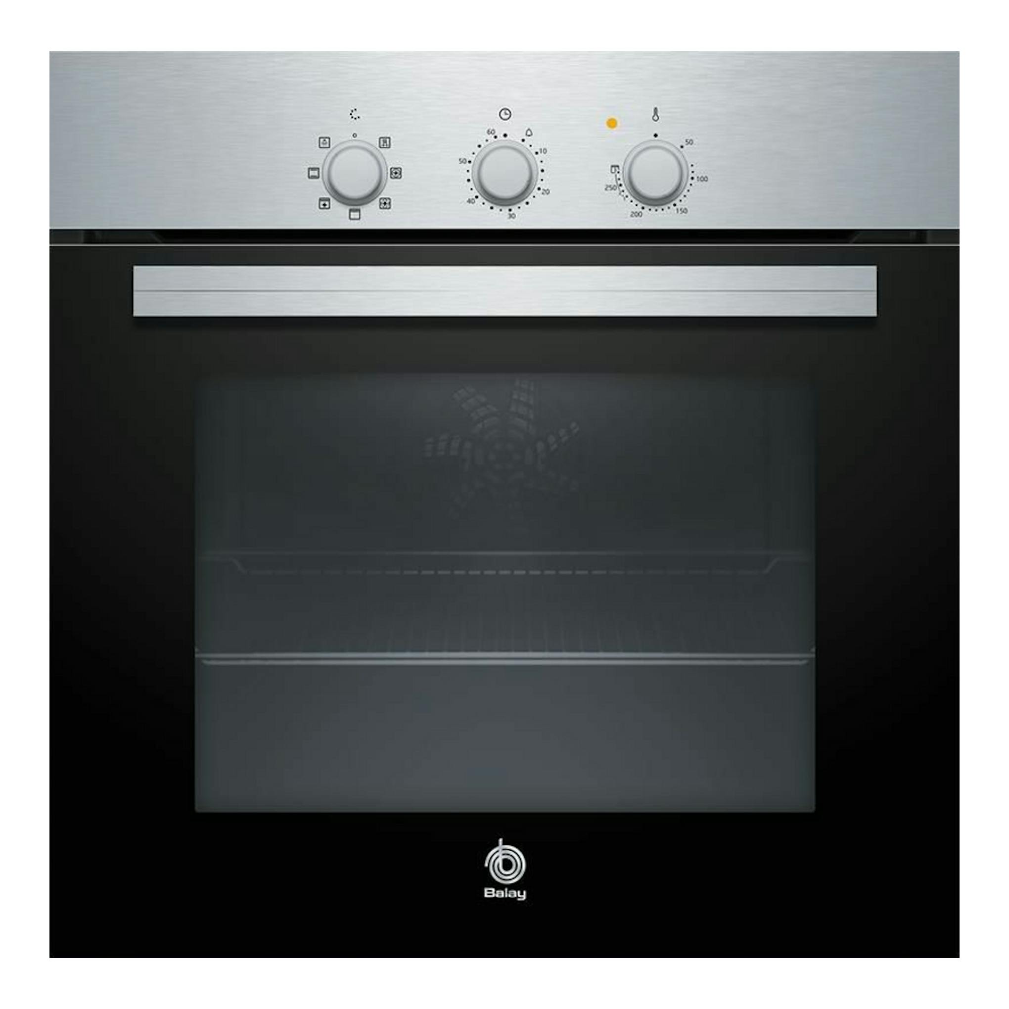 Horno Balay 3HB2010X0 inox, vista frontal, puerta negra con panel superior plateado y tres mandos.