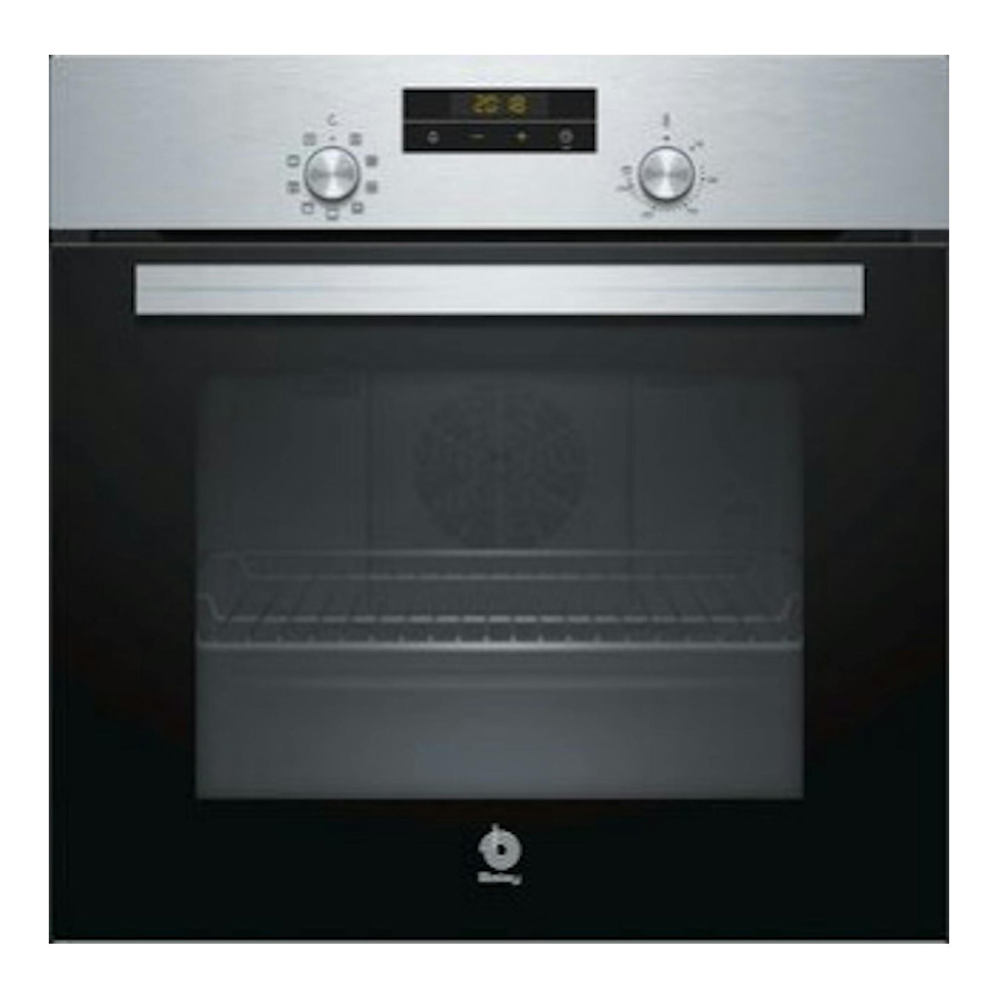 Horno Balay 3HB2031X0 integrable, vista frontal, acabado inox y puerta negra con dos mandos.