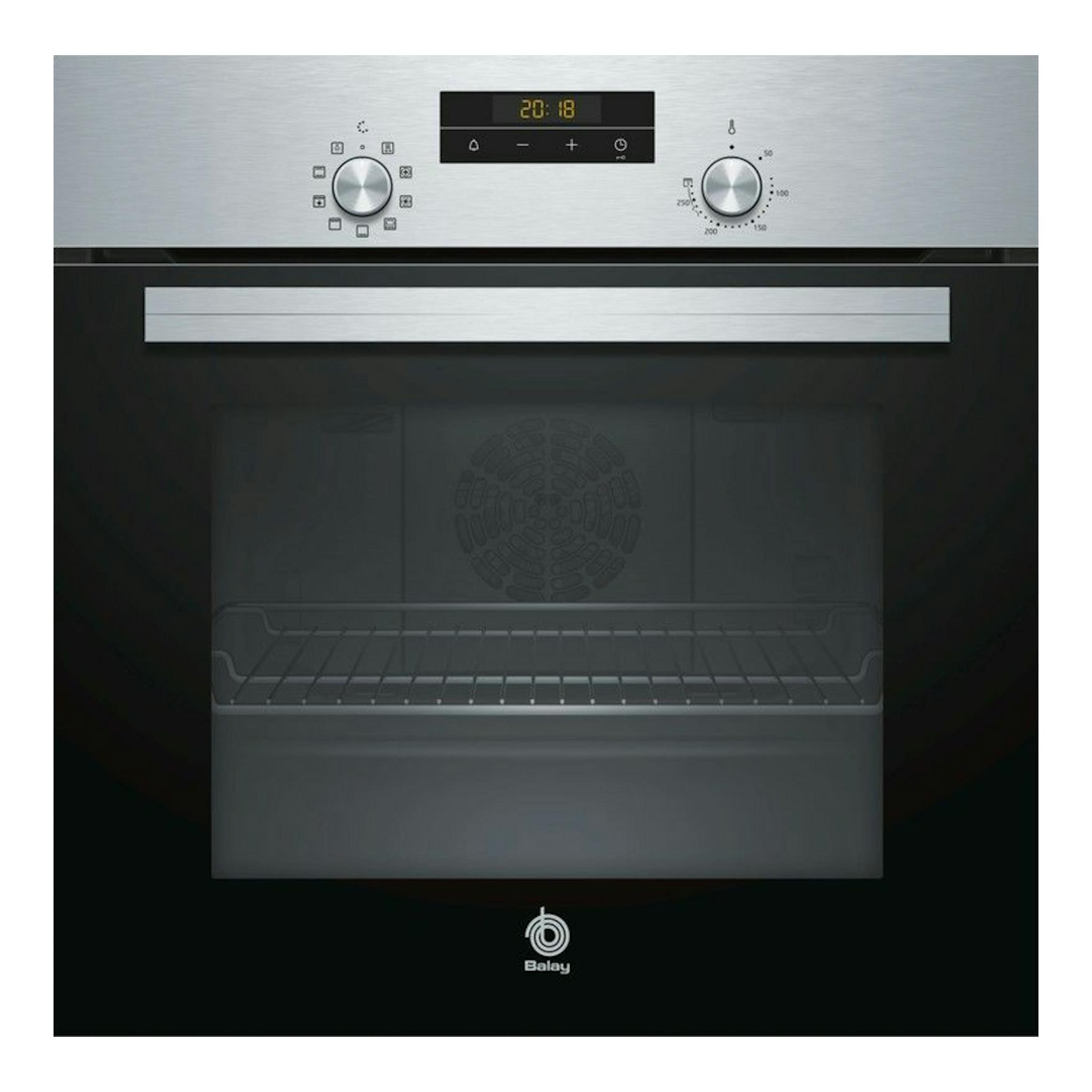 Horno Balay 3HB2031X0 inox, vista frontal, con panel digital, dos mandos y puerta de cristal negro.