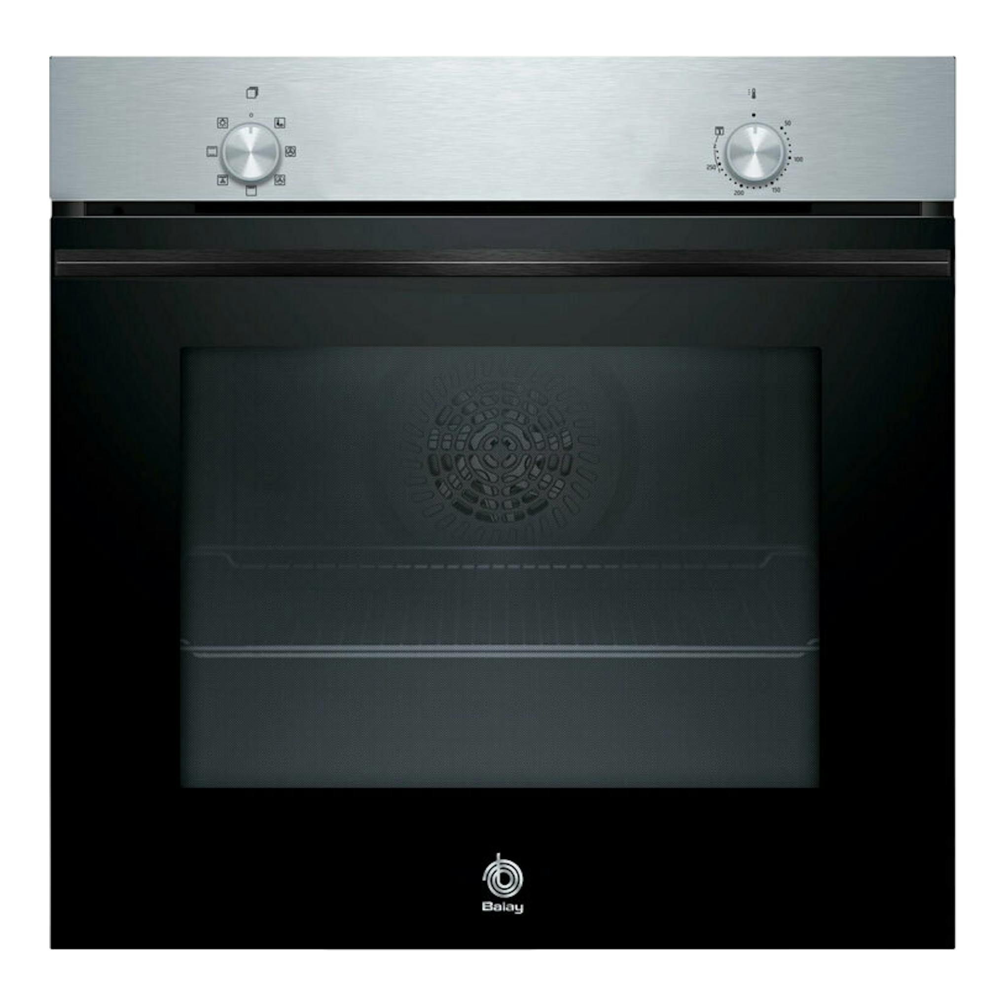 Horno Balay 3HB4000X3 inox, vista frontal, puerta de vidrio negro y panel superior de acero inoxidable.