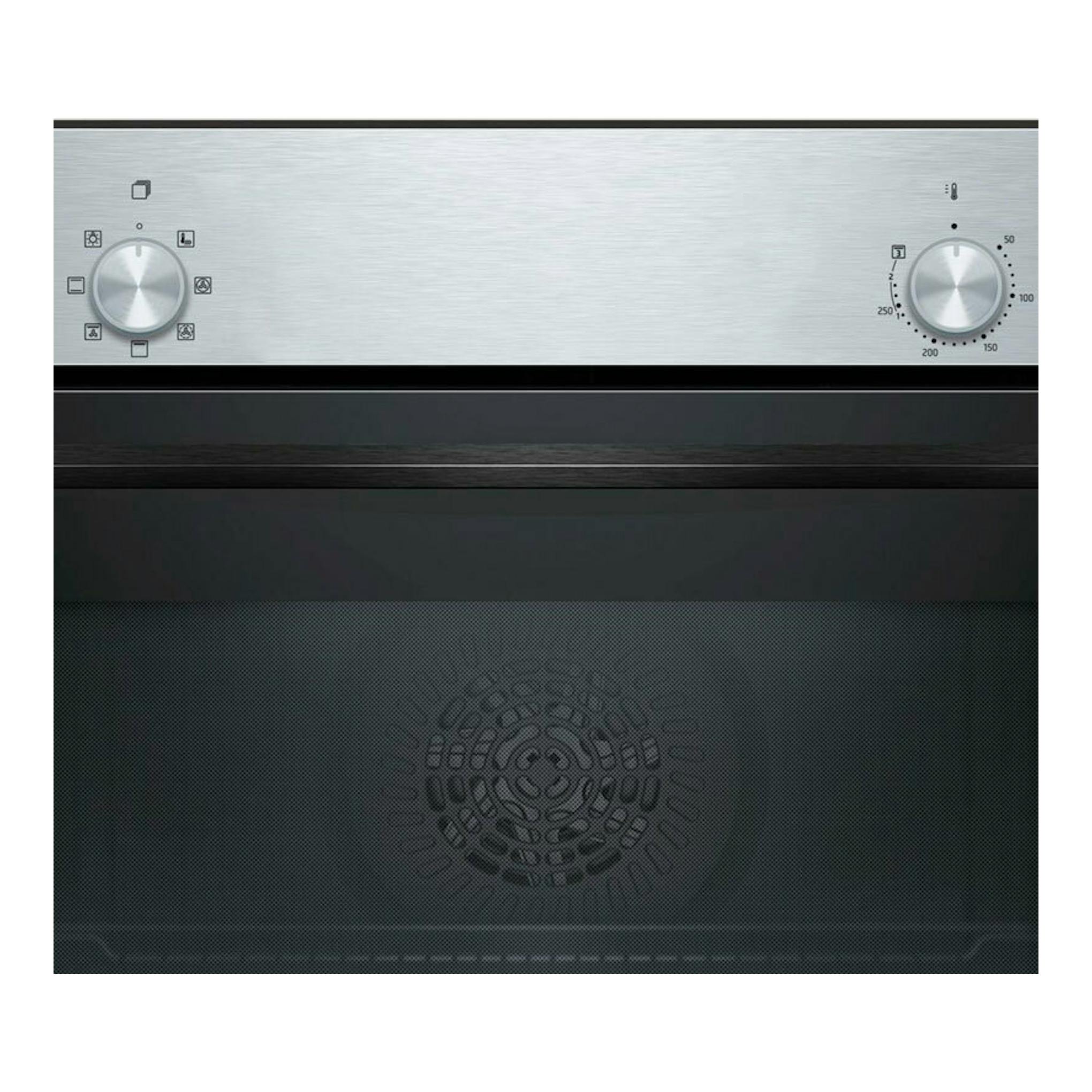 Horno Balay 3HB4000X3 inox, vista frontal, con dos mandos y puerta de vidrio negro.
