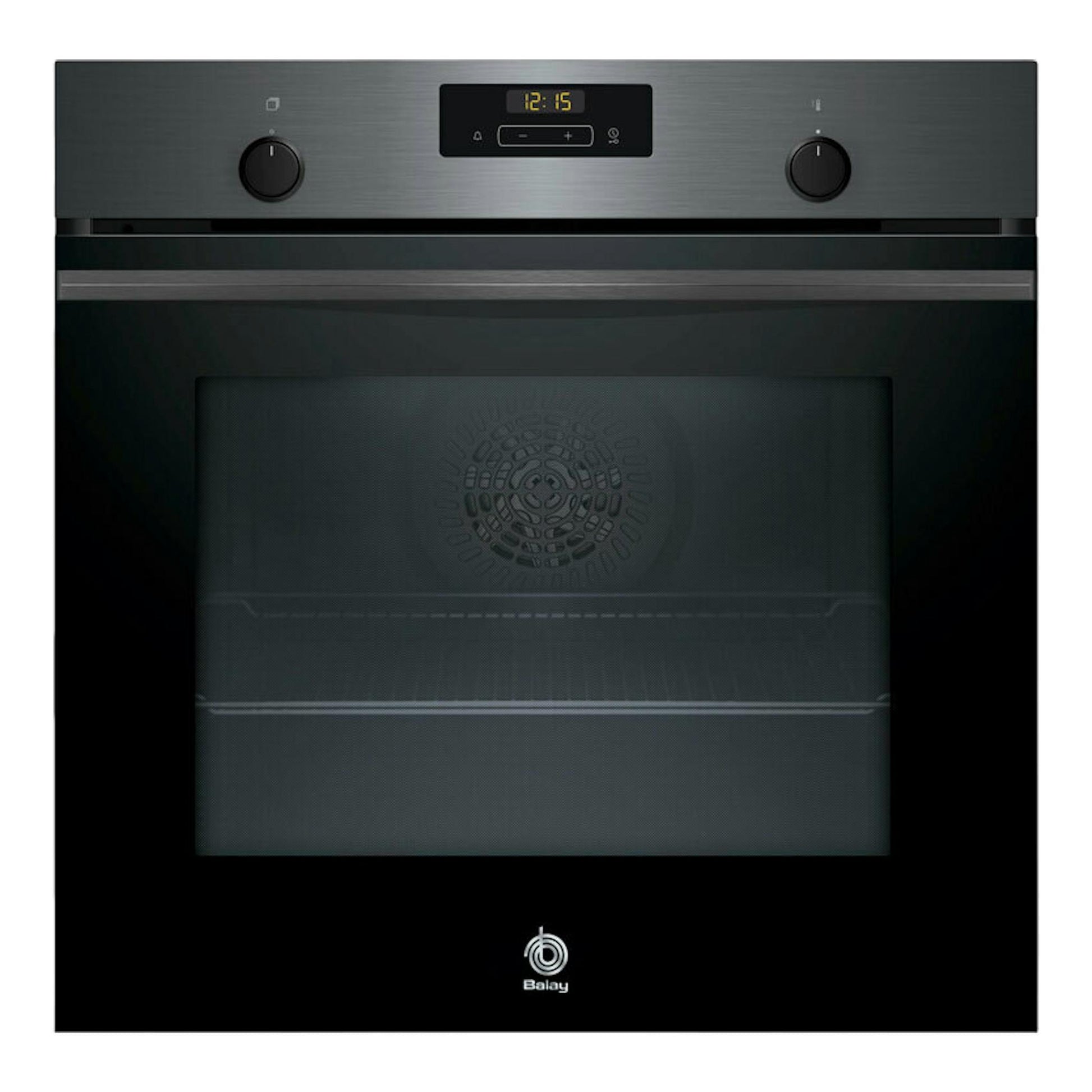 Horno Balay 3HB4131G3 grafito, vista frontal, con panel digital, dos mandos y puerta de cristal.