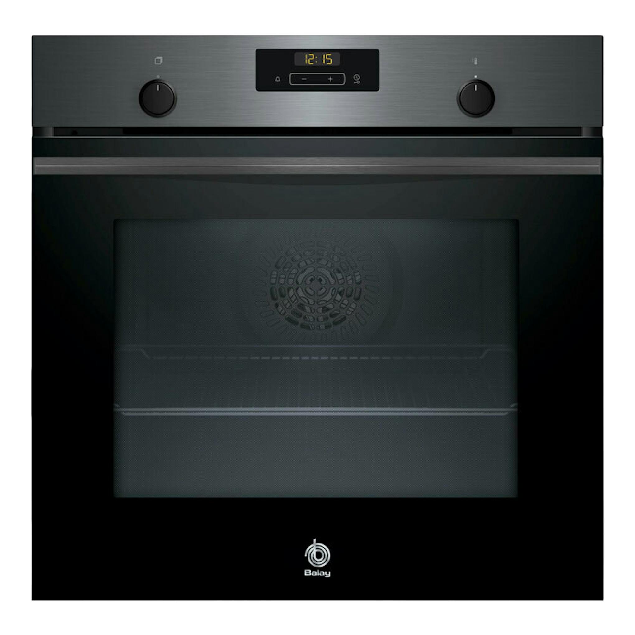 Horno Balay 3HB4131G3 grafito, vista frontal, con panel digital, dos mandos y puerta de cristal.