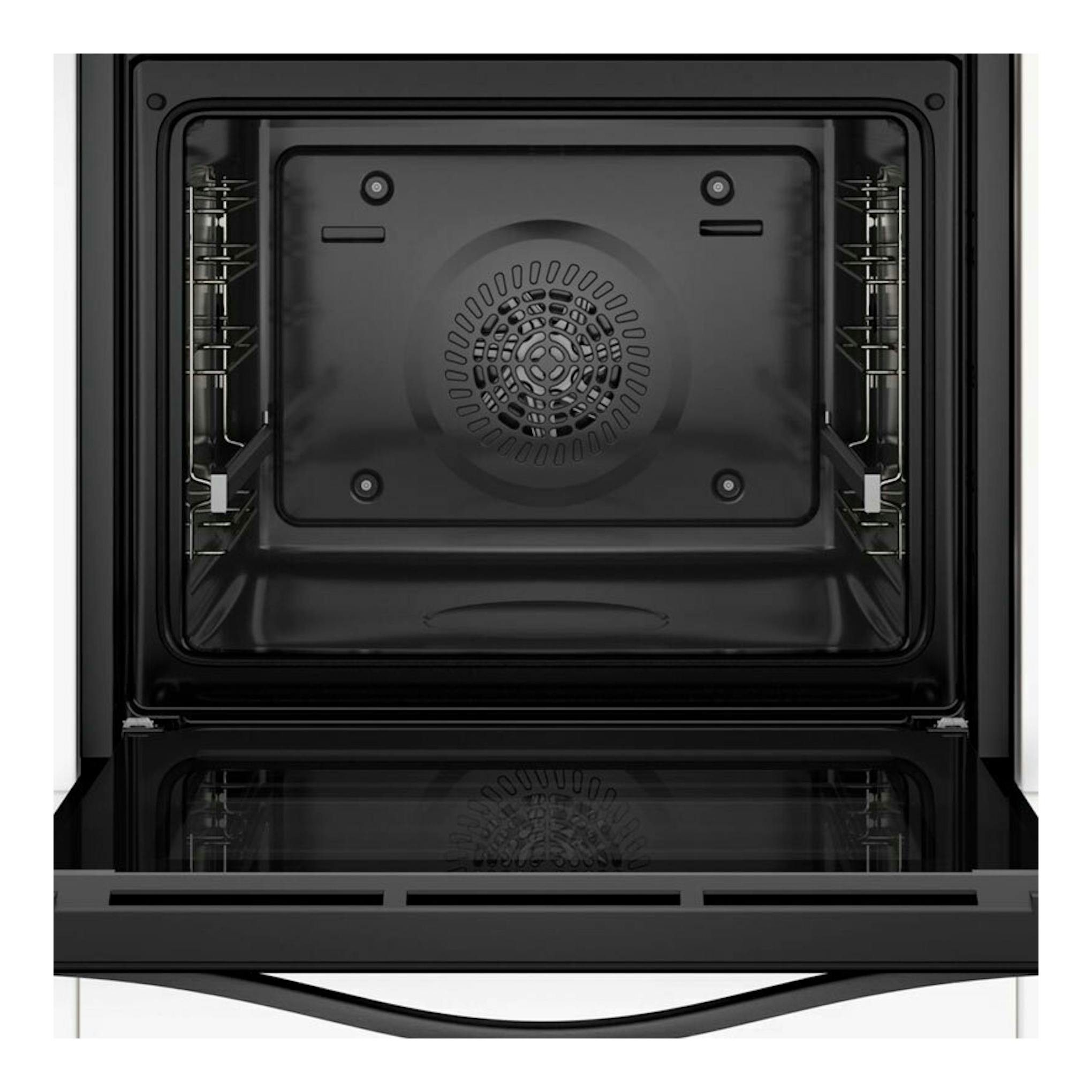 Horno Balay 3HB4131G3 grafito, vista frontal con la puerta abierta y el interior negro visible.