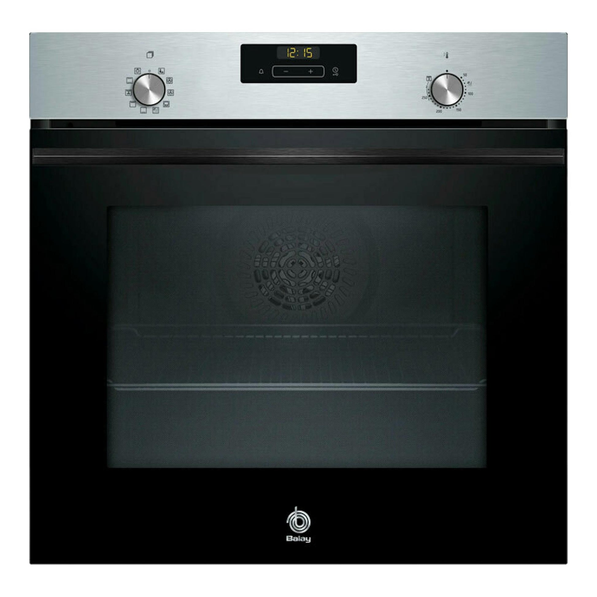 Horno Balay 3HB4131X3 inox, vista frontal, con panel superior plata, puerta negra y display digital.
