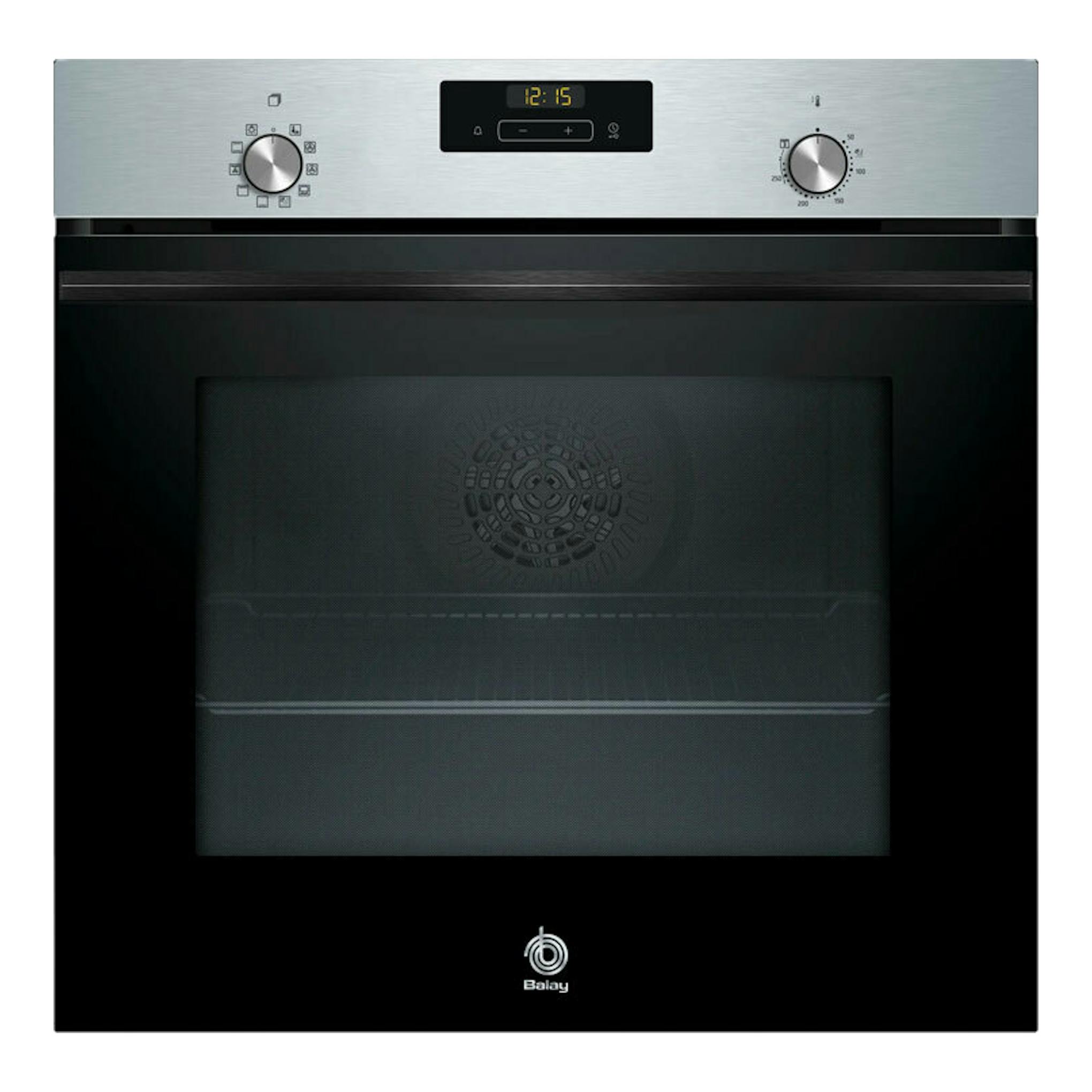 Horno Balay 3HB4131X3 inox, vista frontal, con panel superior plata, puerta negra y display digital.