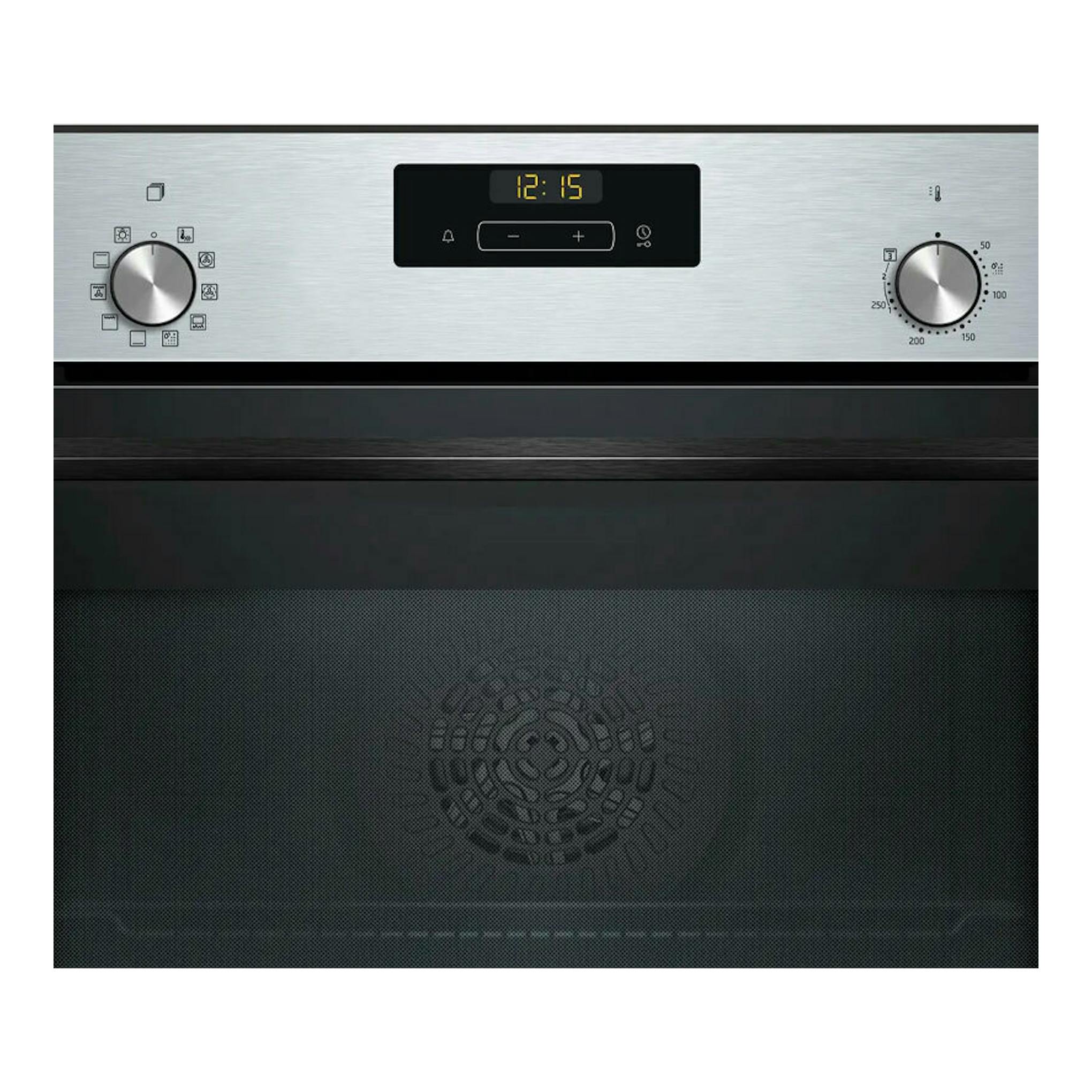 Horno Balay 3HB4131X3 inox, vista frontal, panel digital central y dos mandos giratorios, puerta negra.