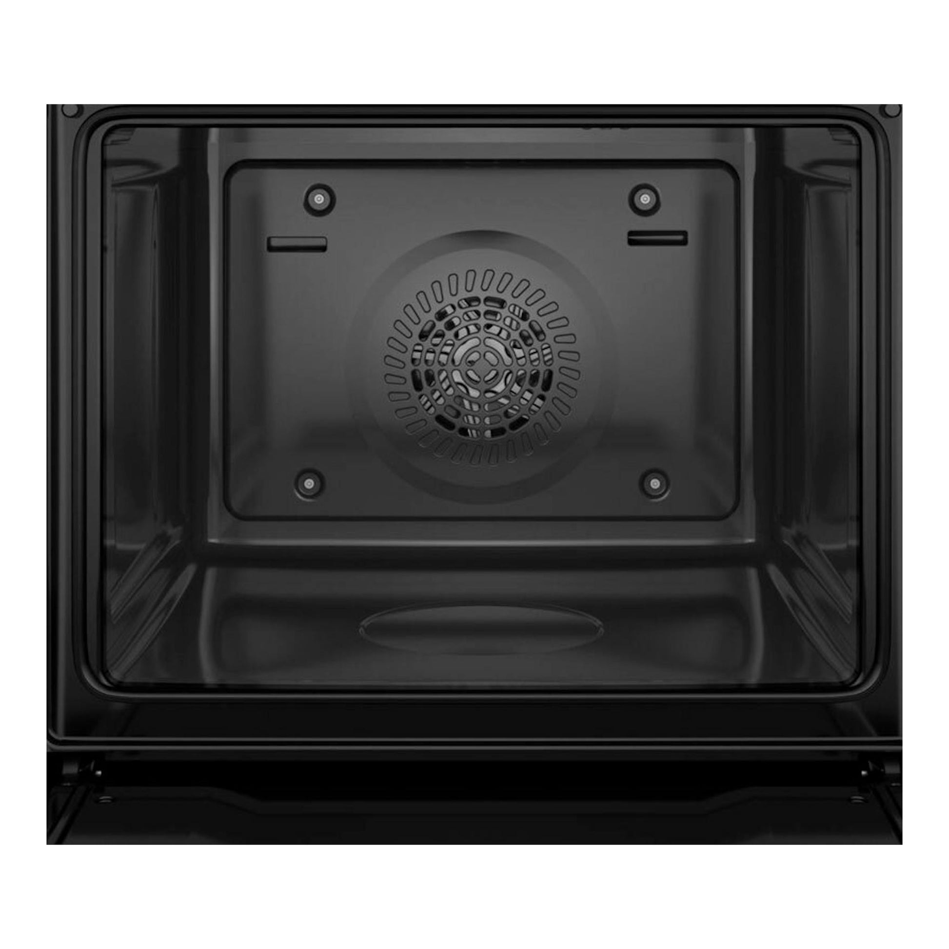 Interior de horno Balay 3HB413CX3 Inox, vista frontal del interior negro con ventilador central.