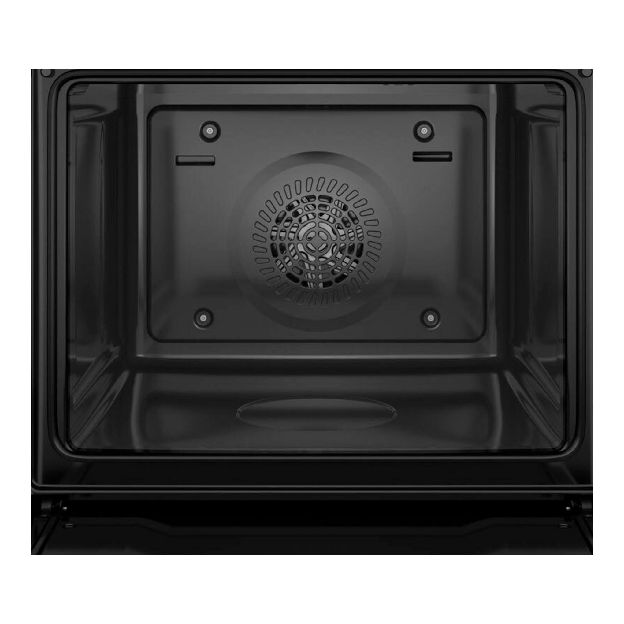 Interior de horno Balay 3HB413CX3 Inox, vista frontal del interior negro con ventilador central.