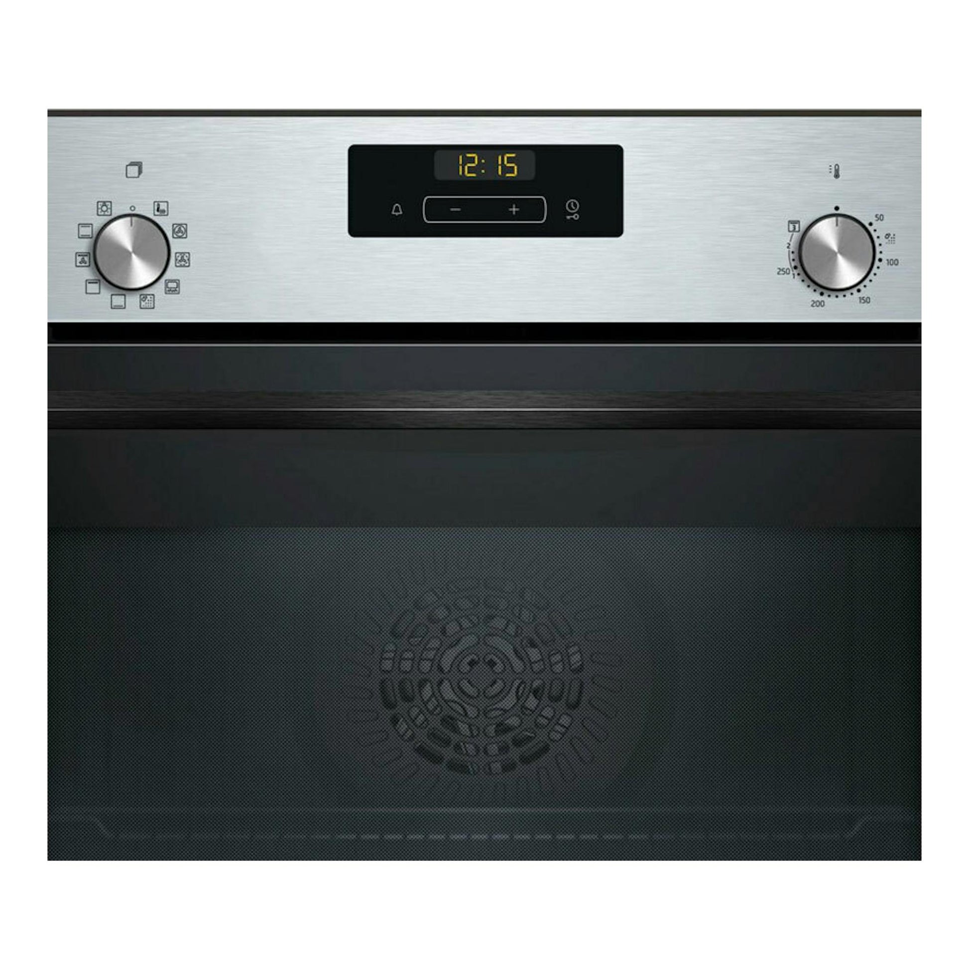 Horno Balay 3HB413CX3 inox, vista frontal, con dos mandos, display digital y puerta de cristal negro.