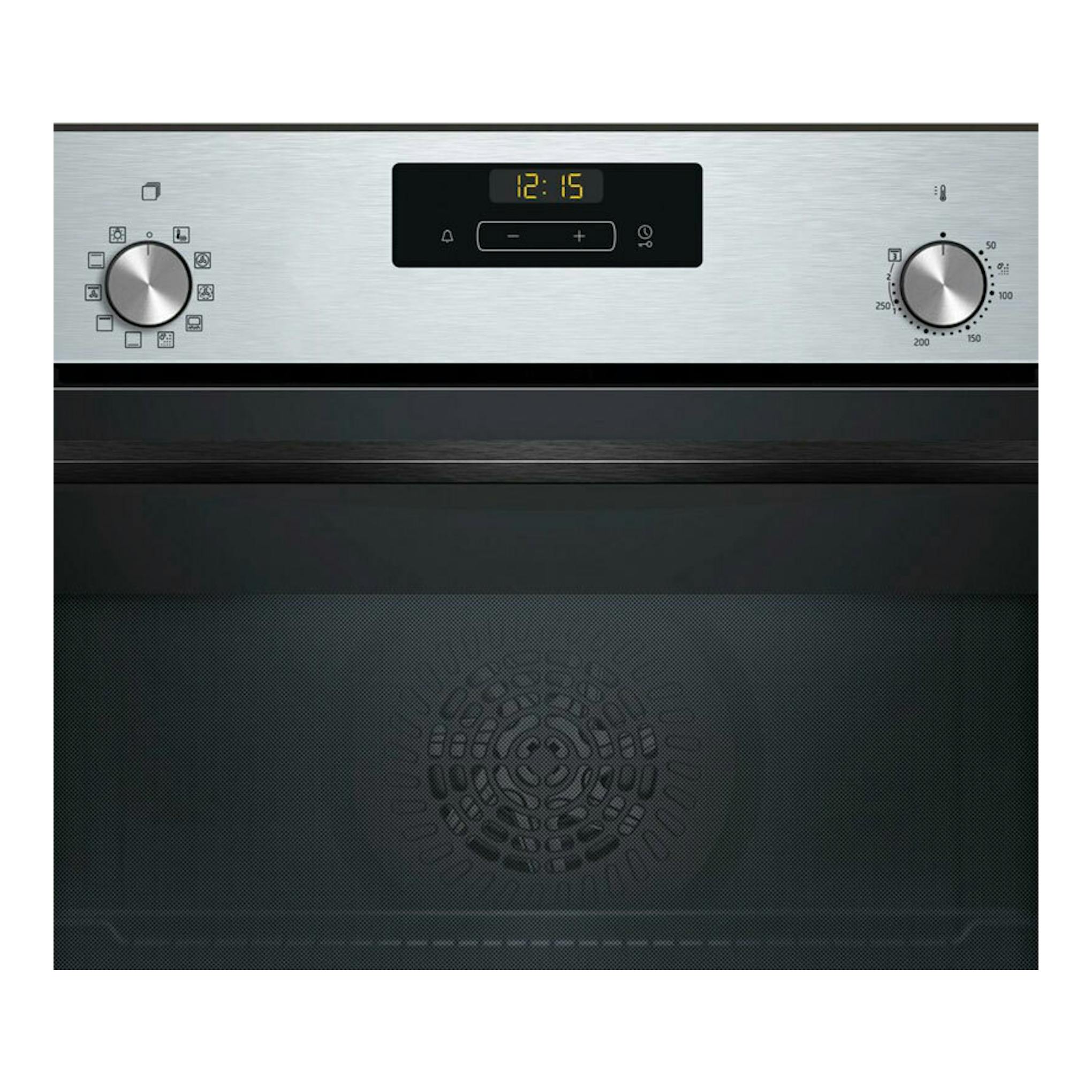 Horno Balay 3HB413CX3 inox, vista frontal, con dos mandos, display digital y puerta de cristal negro.