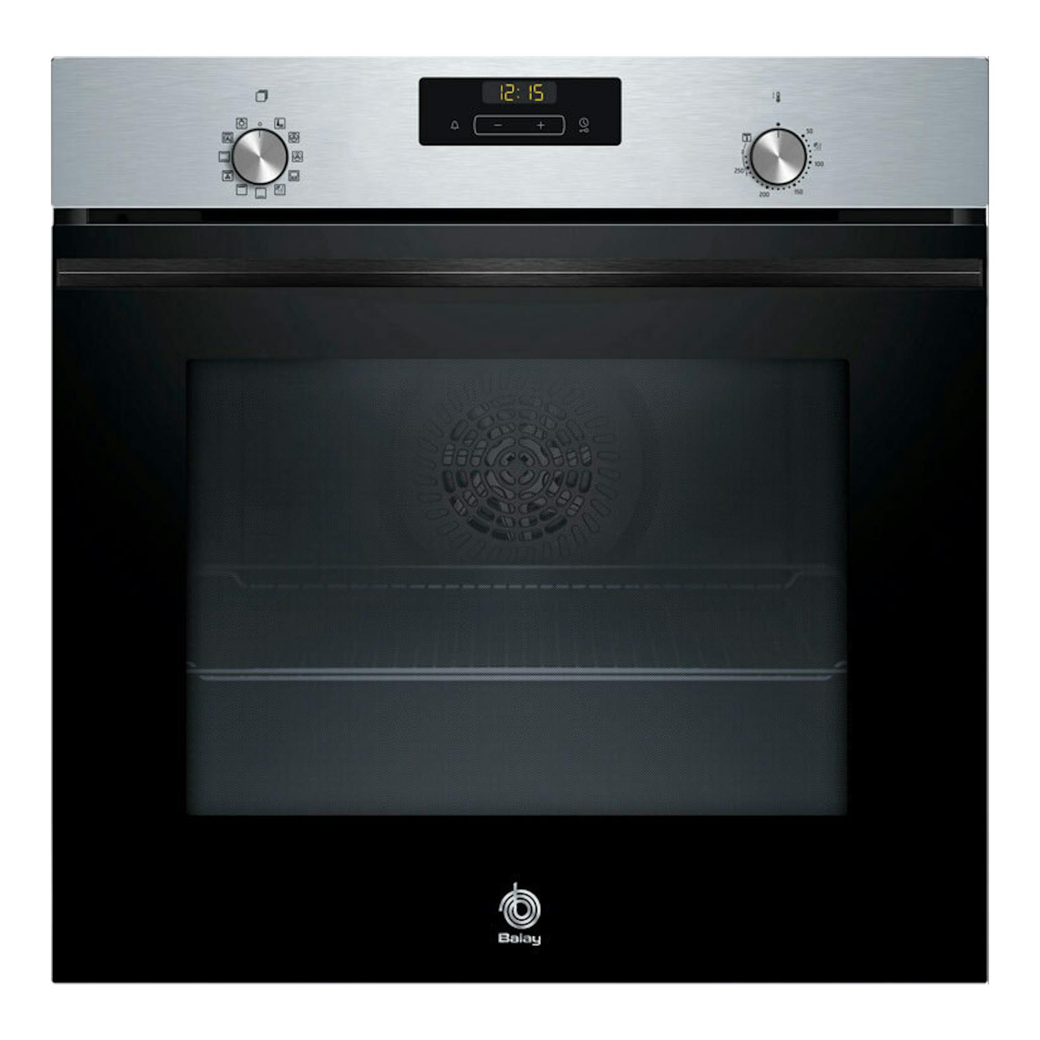 Horno Balay 3HB4151X3 en inox y negro, vista frontal, con dos mandos y display digital.