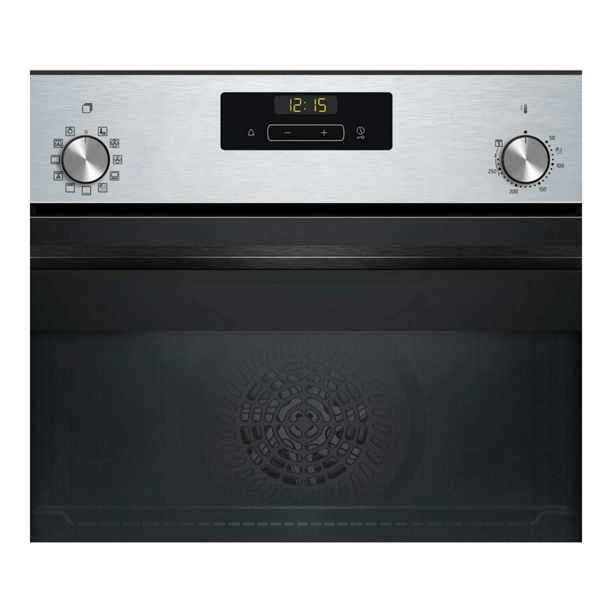 Horno Balay 3HB4151X3 inox, vista frontal, con panel digital central y dos mandos giratorios.