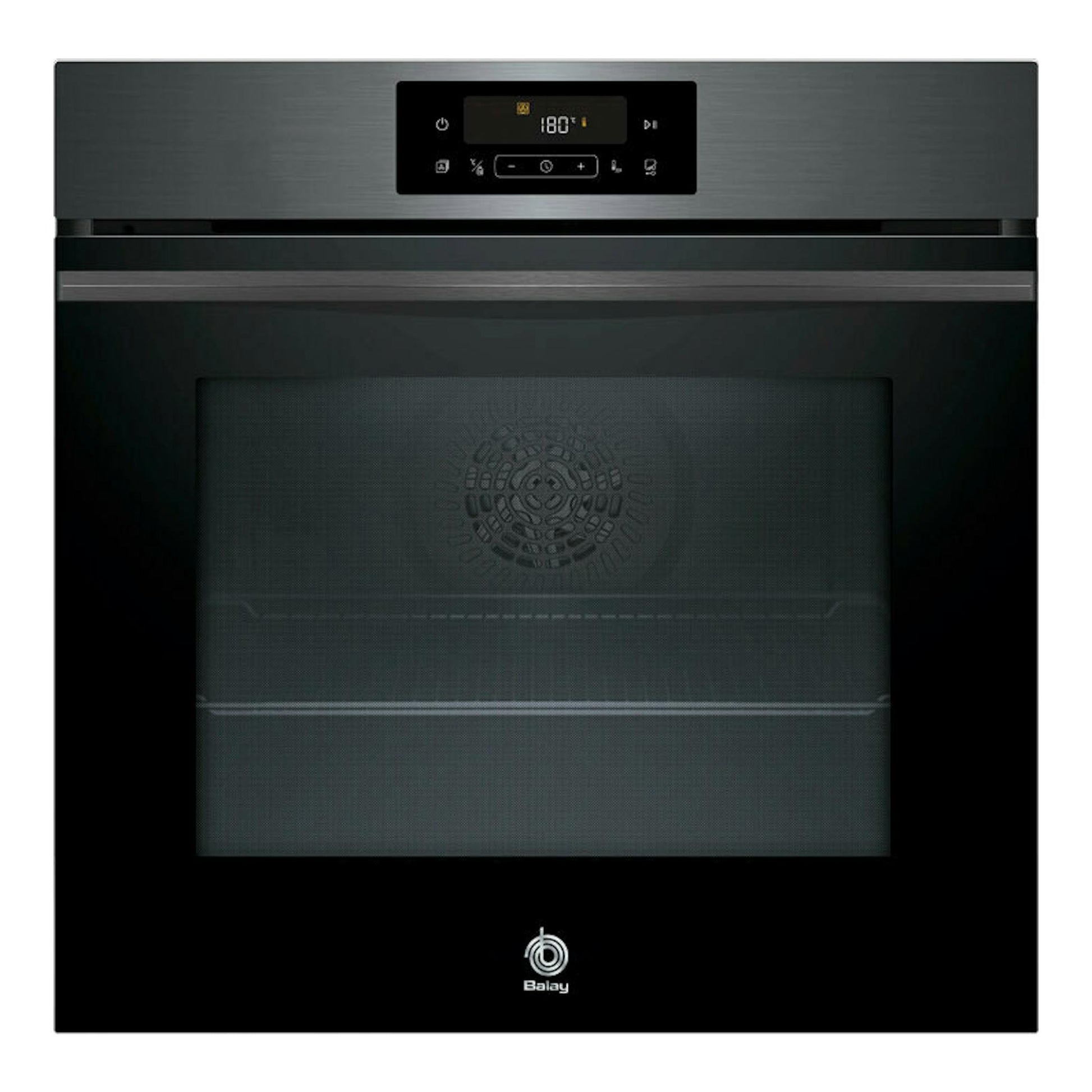 Horno Balay 3HB4821G3 grafito, vista frontal con puerta de cristal y panel digital superior.