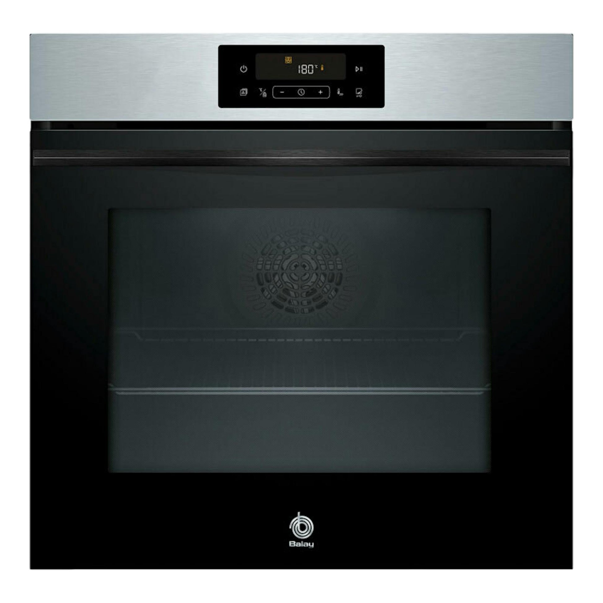 Horno Balay 3HB4821X3 inox y negro, vista frontal con panel digital superior y puerta de vidrio.