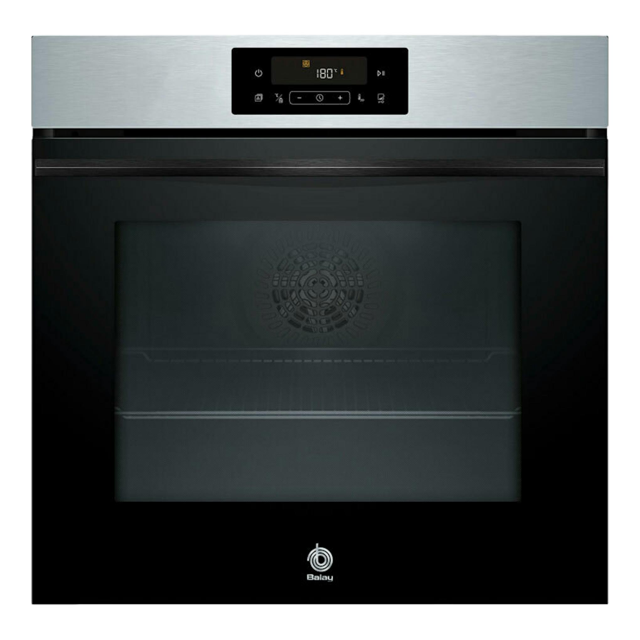 Horno Balay 3HB4821X3 inox y negro, vista frontal con panel digital superior y puerta de vidrio.