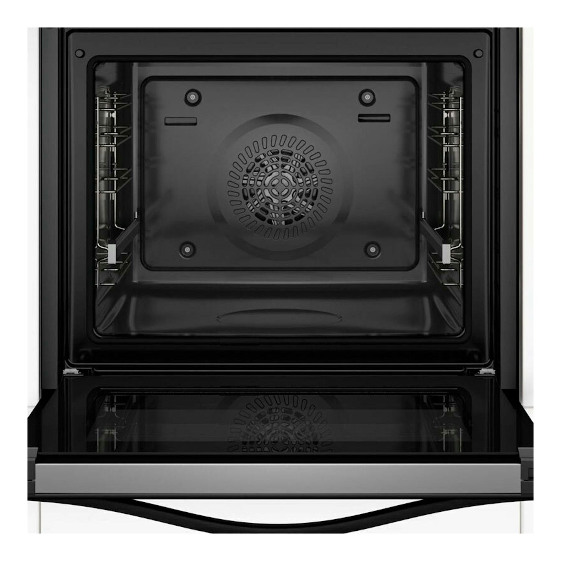 Horno Balay 3HB4821X3 inox, vista frontal con la puerta abierta e interior negro con ventilador central