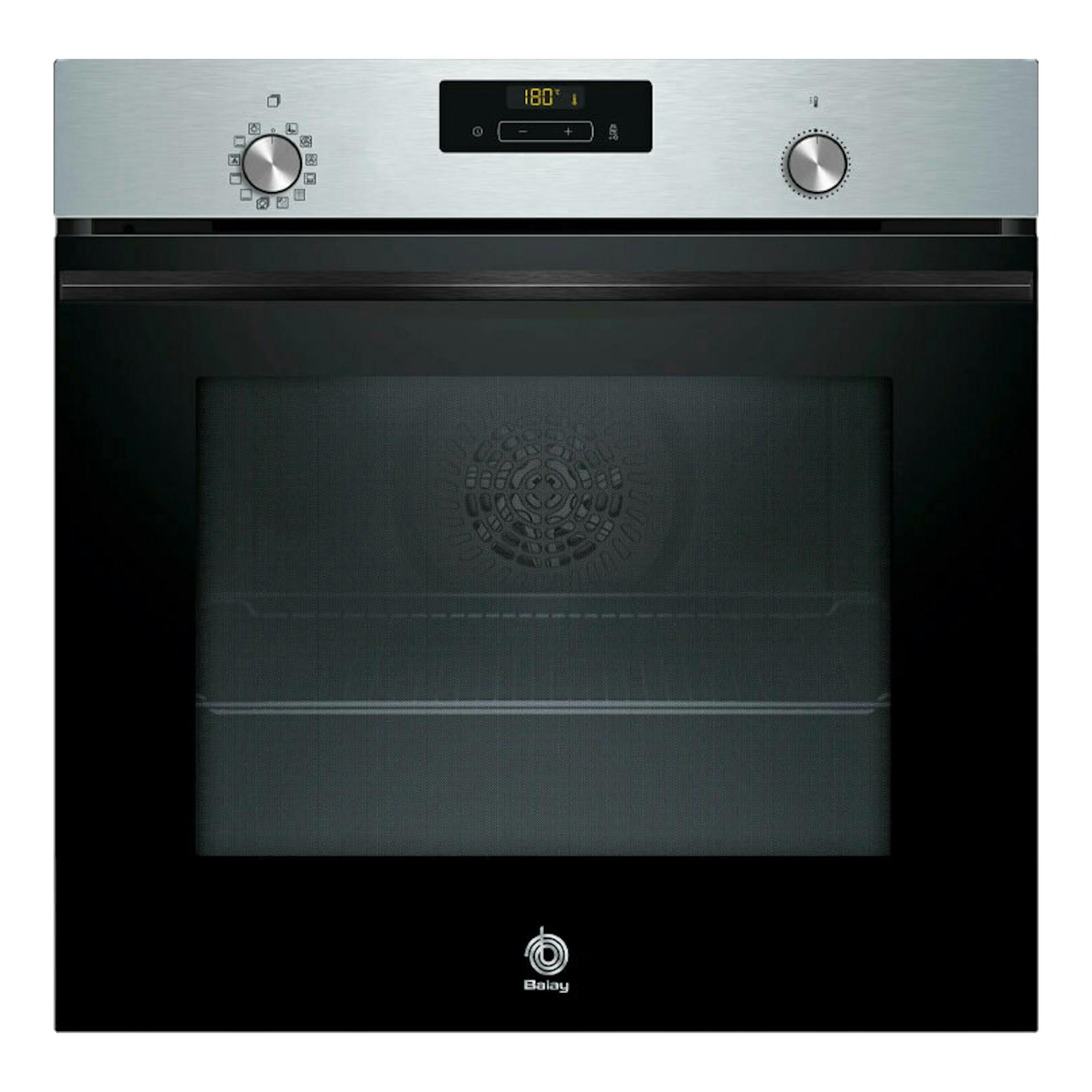 Horno Balay 3HB4841X3 en inox, vista frontal, con panel digital y dos mandos.