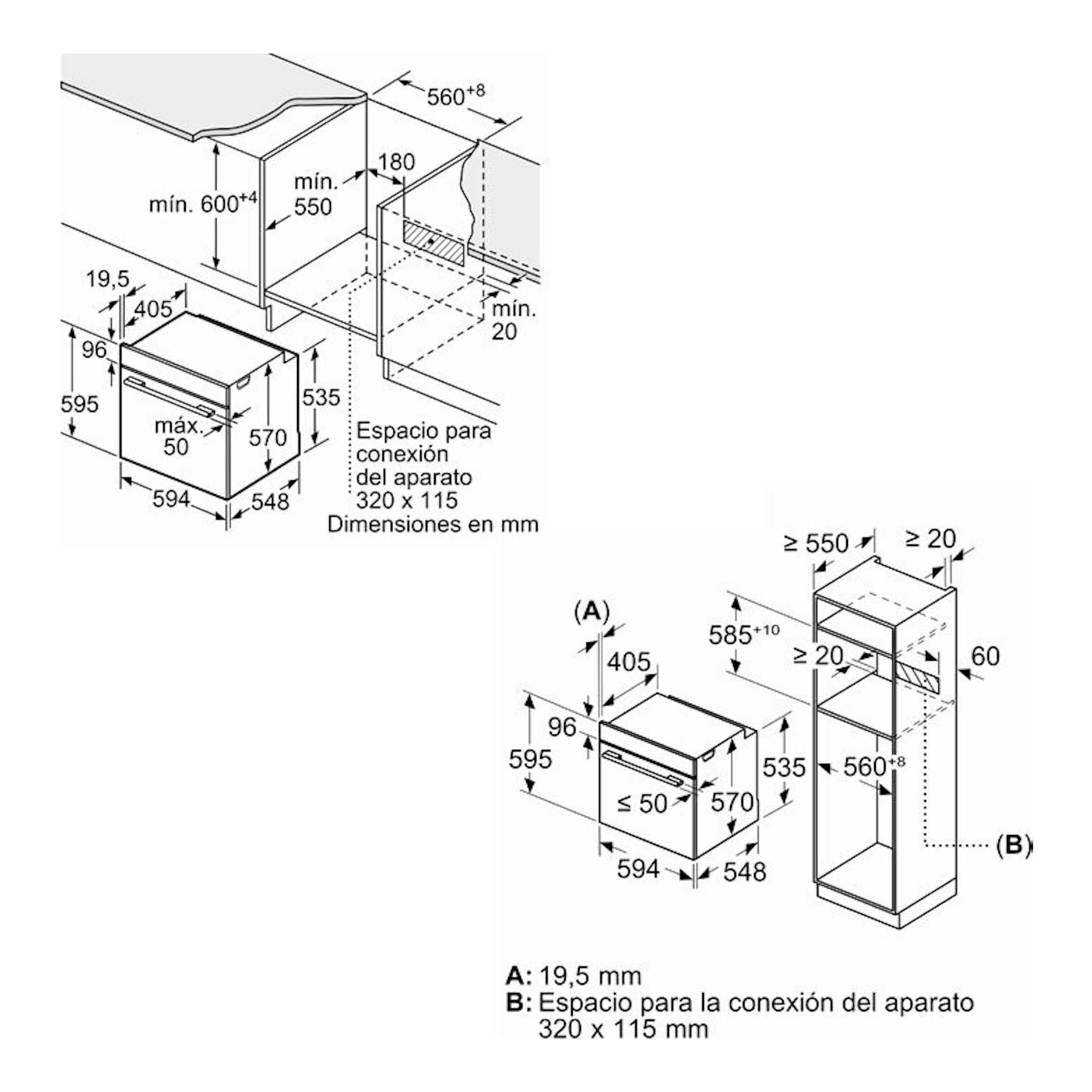 Balay 3HB4841X3 Inox: esquema de instalación de horno empotrado con medidas en mm.