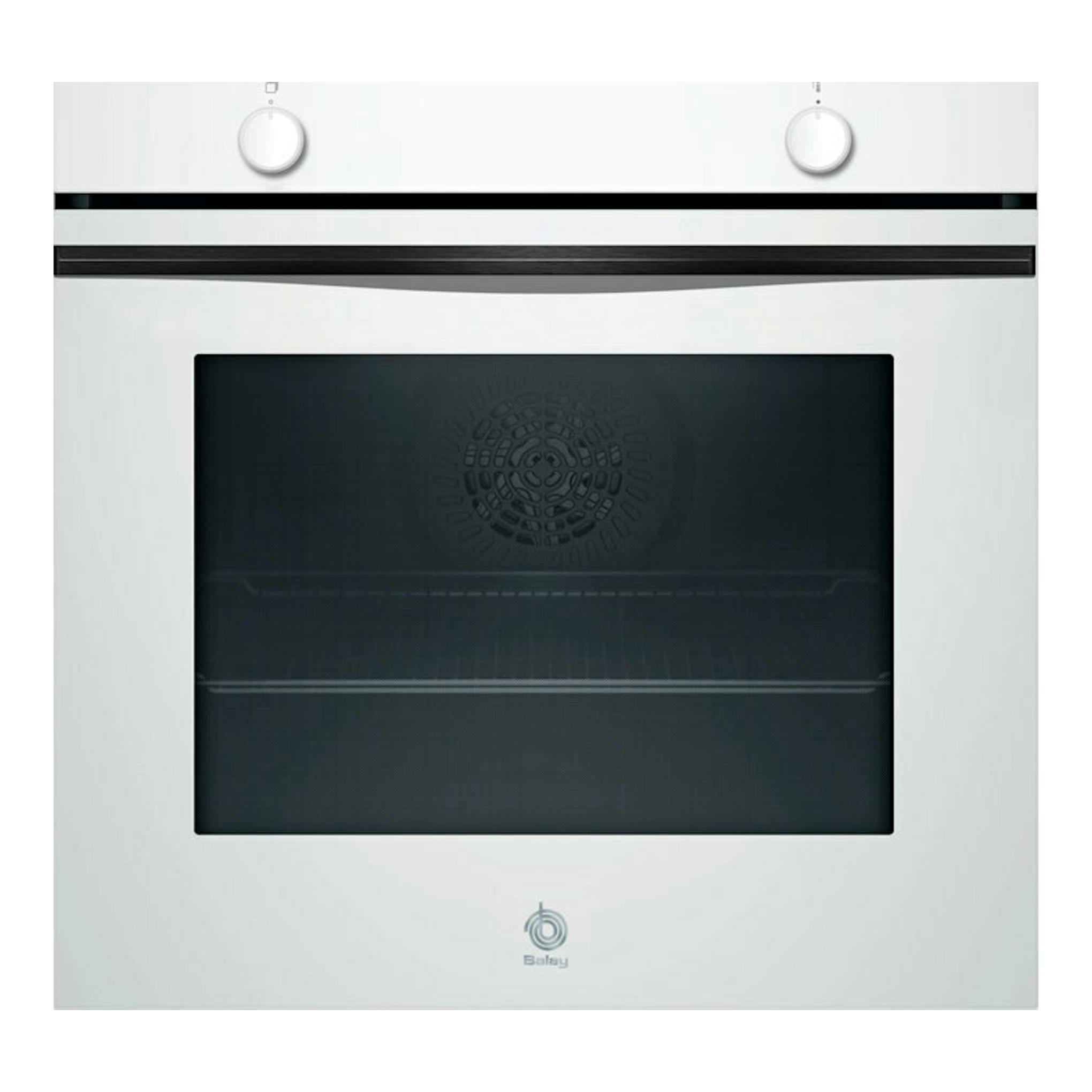Horno Balay 3HB5000B3 blanco, vista frontal, con puerta de cristal negro y dos mandos superiores.