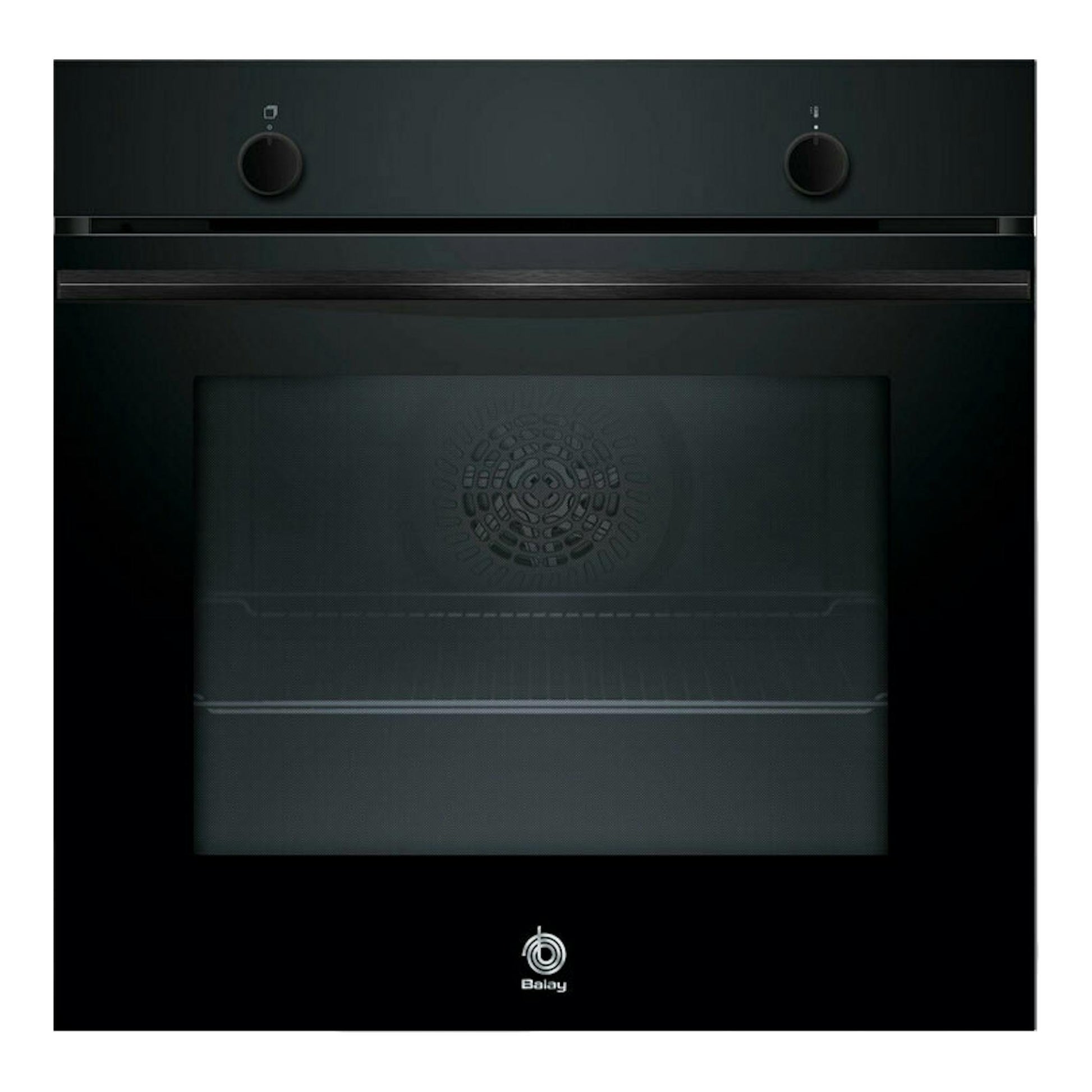 Horno Balay 3HB5000N3 de cristal negro, vista frontal, con dos mandos y puerta de vidrio.