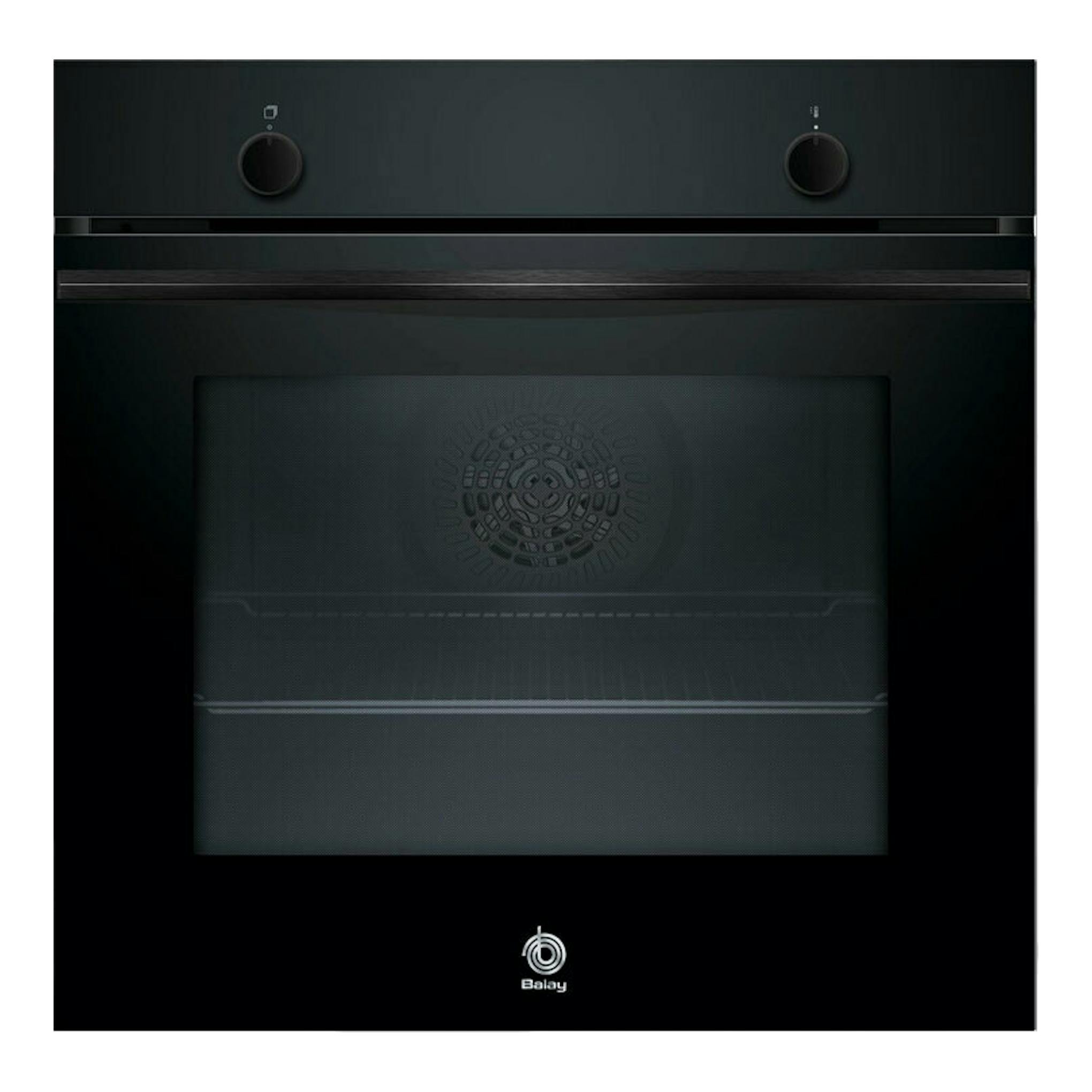 Horno Balay 3HB5000N3 de cristal negro, vista frontal, con dos mandos y puerta de vidrio.