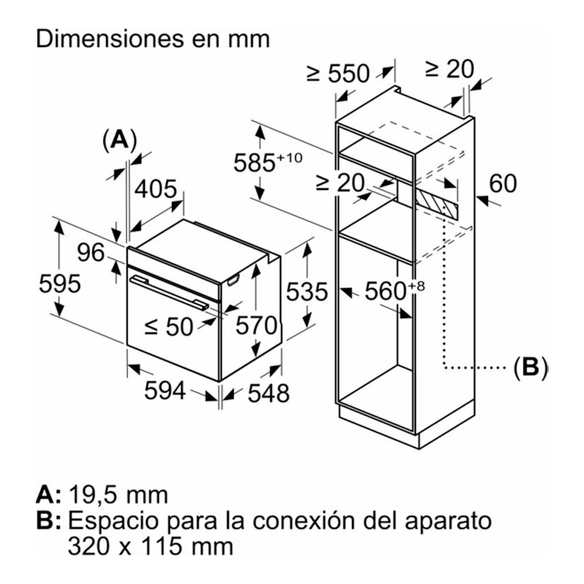 Balay 3HB5000N3, esquema de dimensiones de horno empotrable en vista frontal y lateral, blanco y negro.