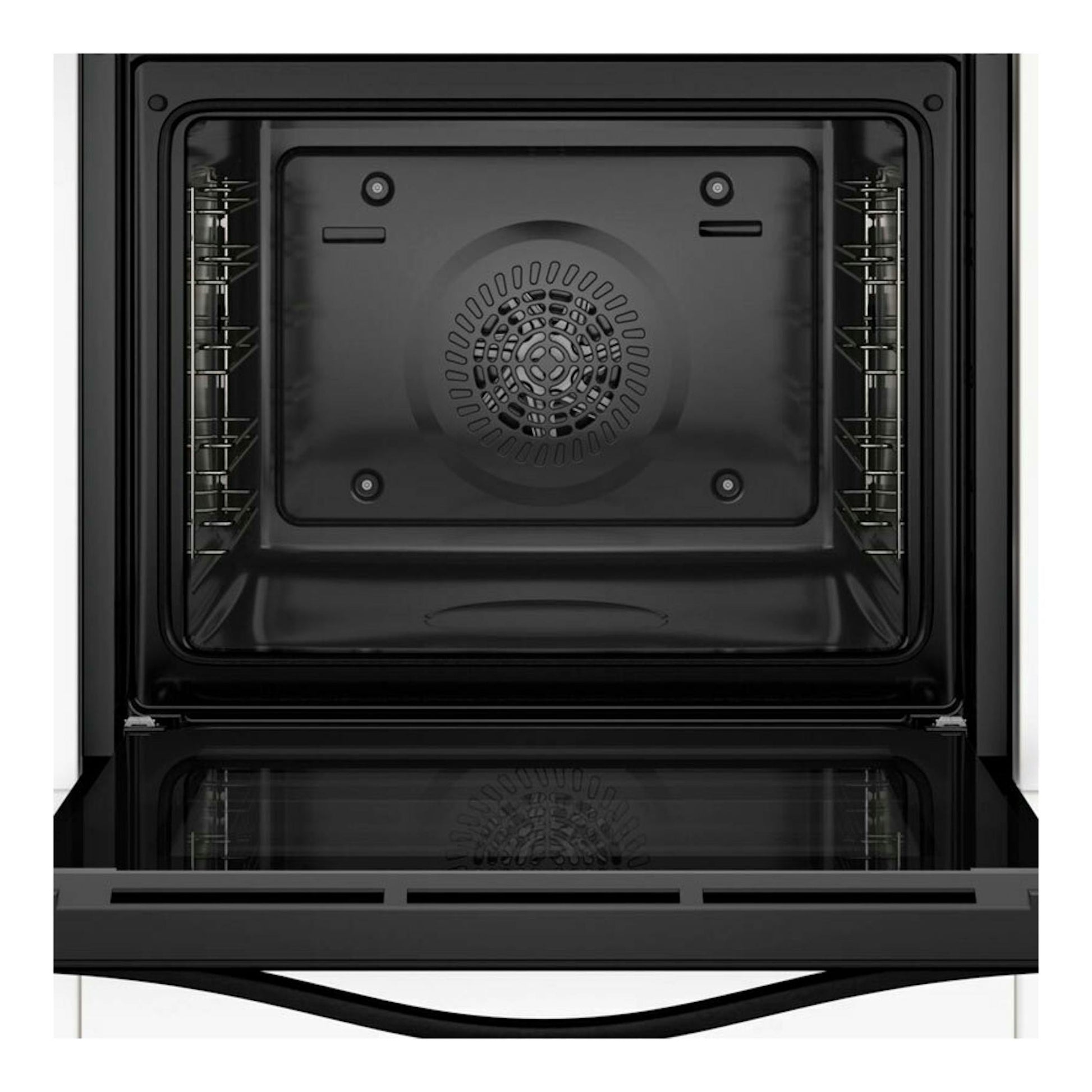 Horno Balay 3HB5000N3 de cristal negro, vista frontal con la puerta abatida y el interior visible.