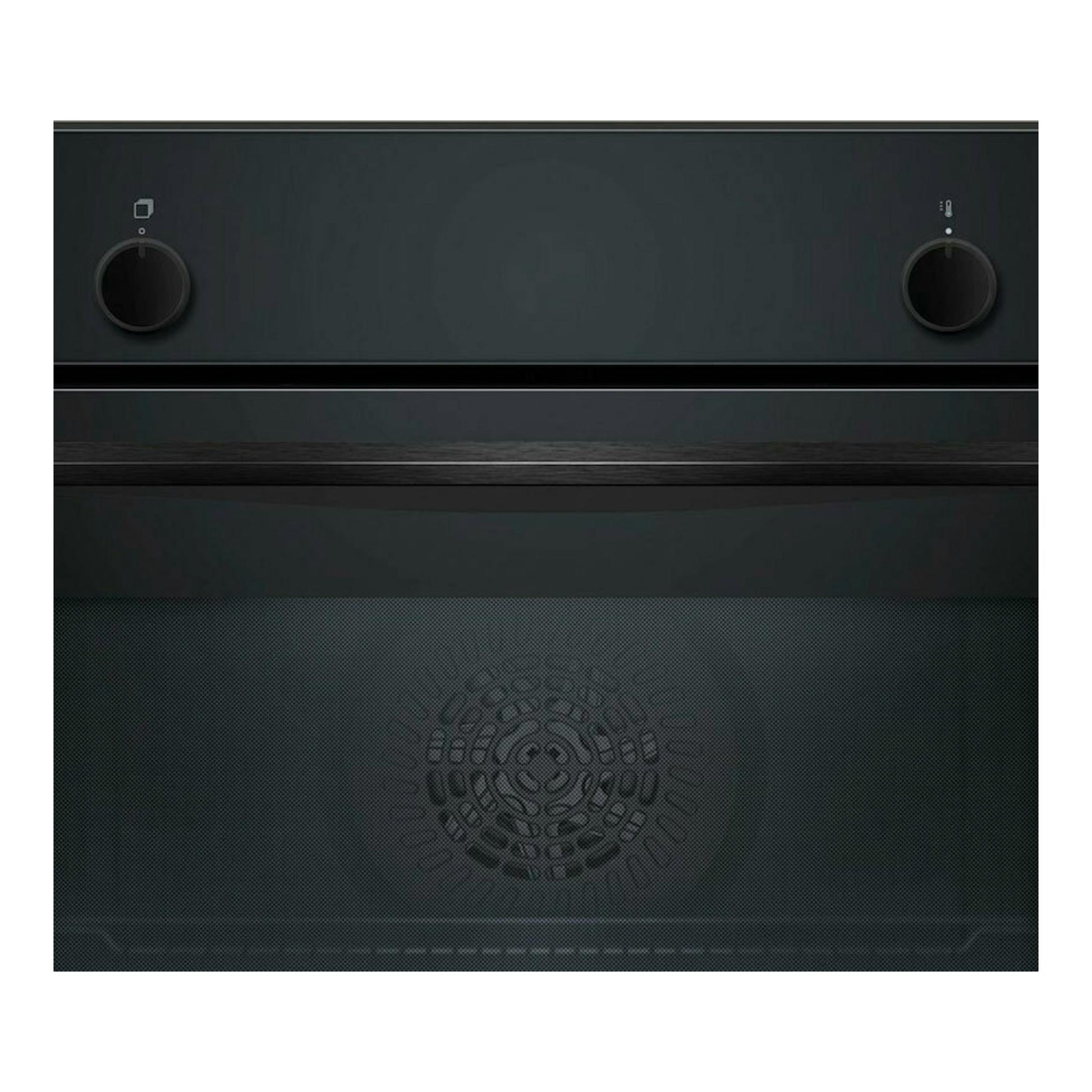 Balay 3HB5000N3, horno empotrable de cristal negro, vista frontal con dos mandos circulares.