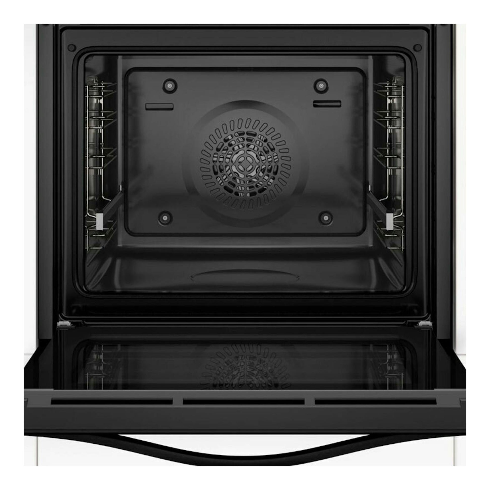 Horno Balay 3HB5131B3, vista frontal con la puerta abierta, interior negro y ventilador central.