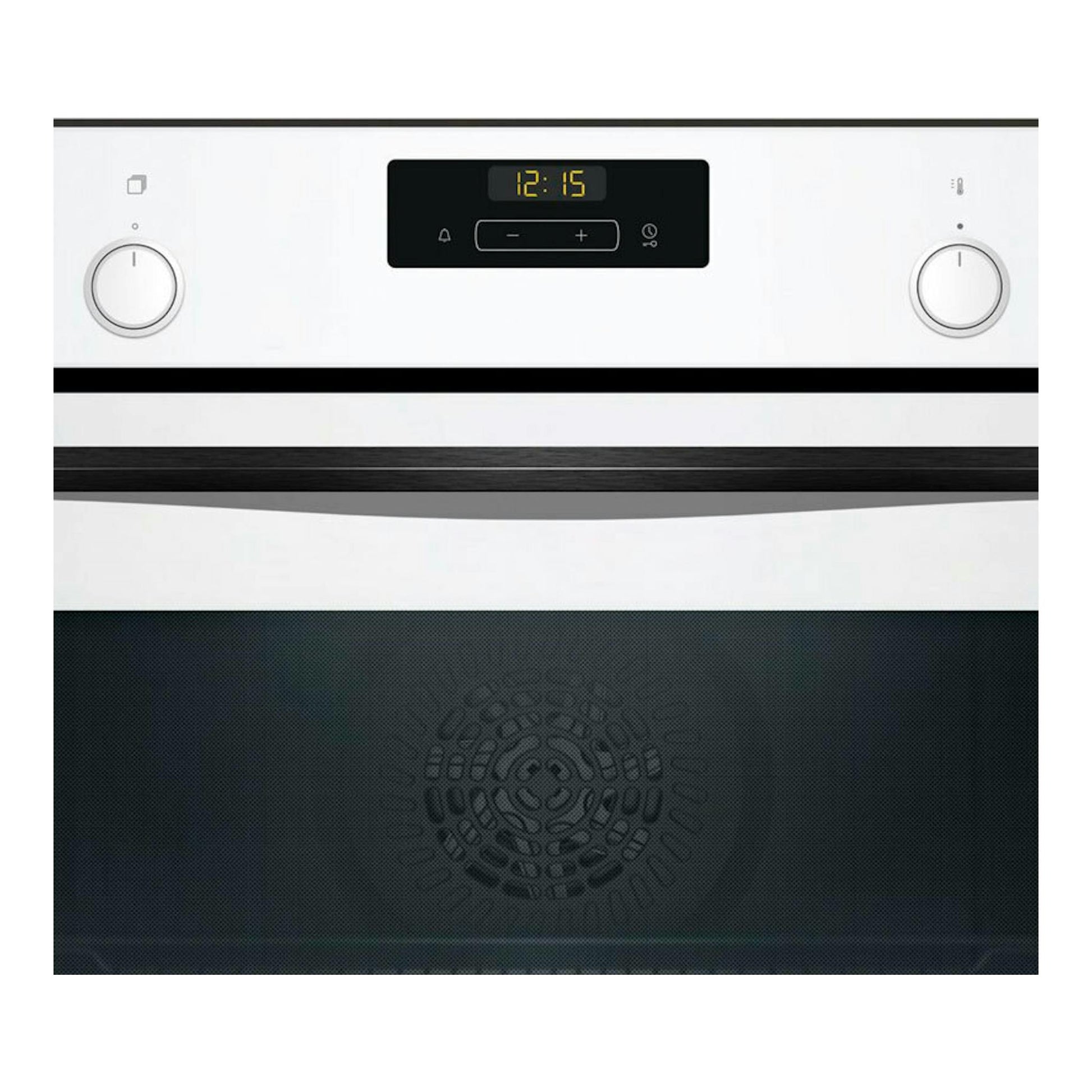 Horno Balay 3HB5131B3 blanco, vista frontal, panel central negro con reloj digital y dos mandos.
