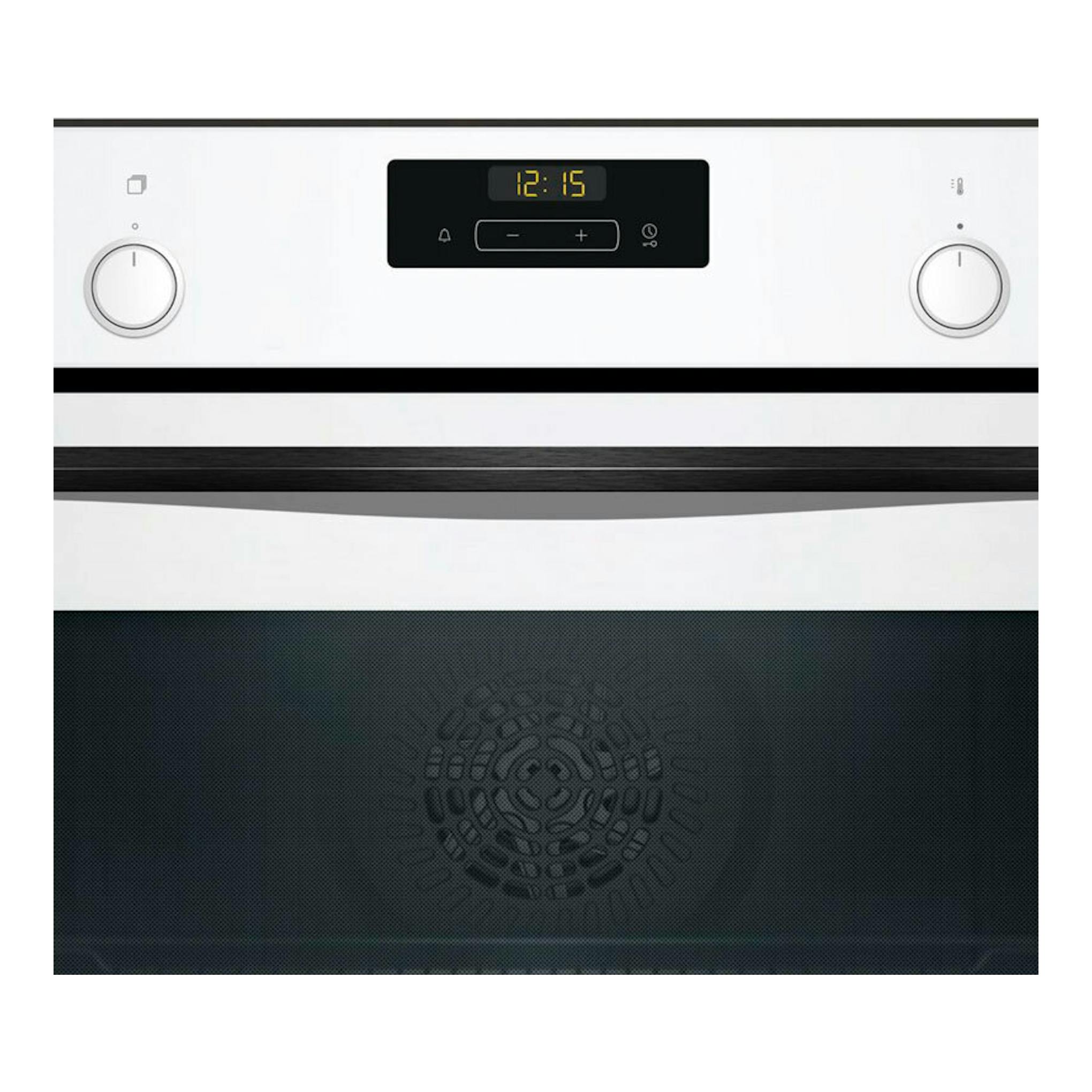 Horno Balay 3HB5131B3 blanco, vista frontal, panel central negro con reloj digital y dos mandos.