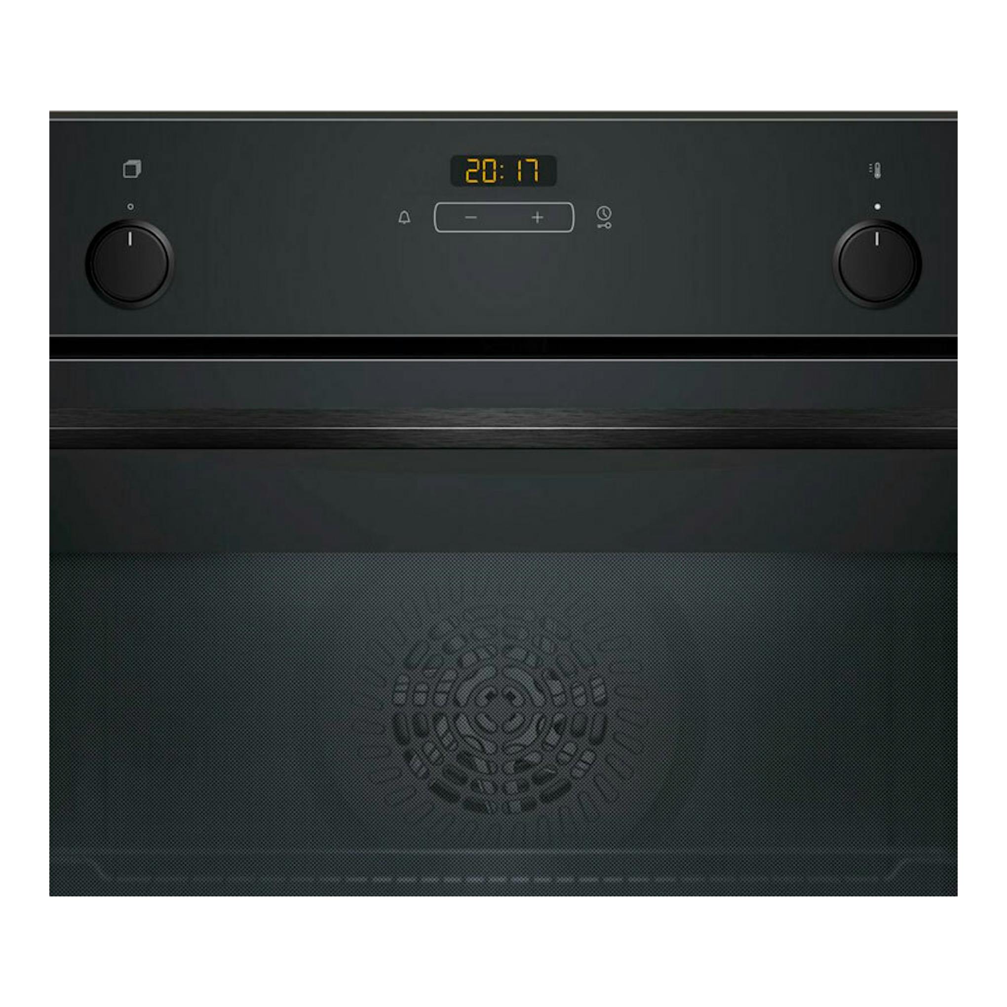 Horno Balay 3HB5131N3 de cristal negro, vista frontal, con dos mandos y reloj digital.