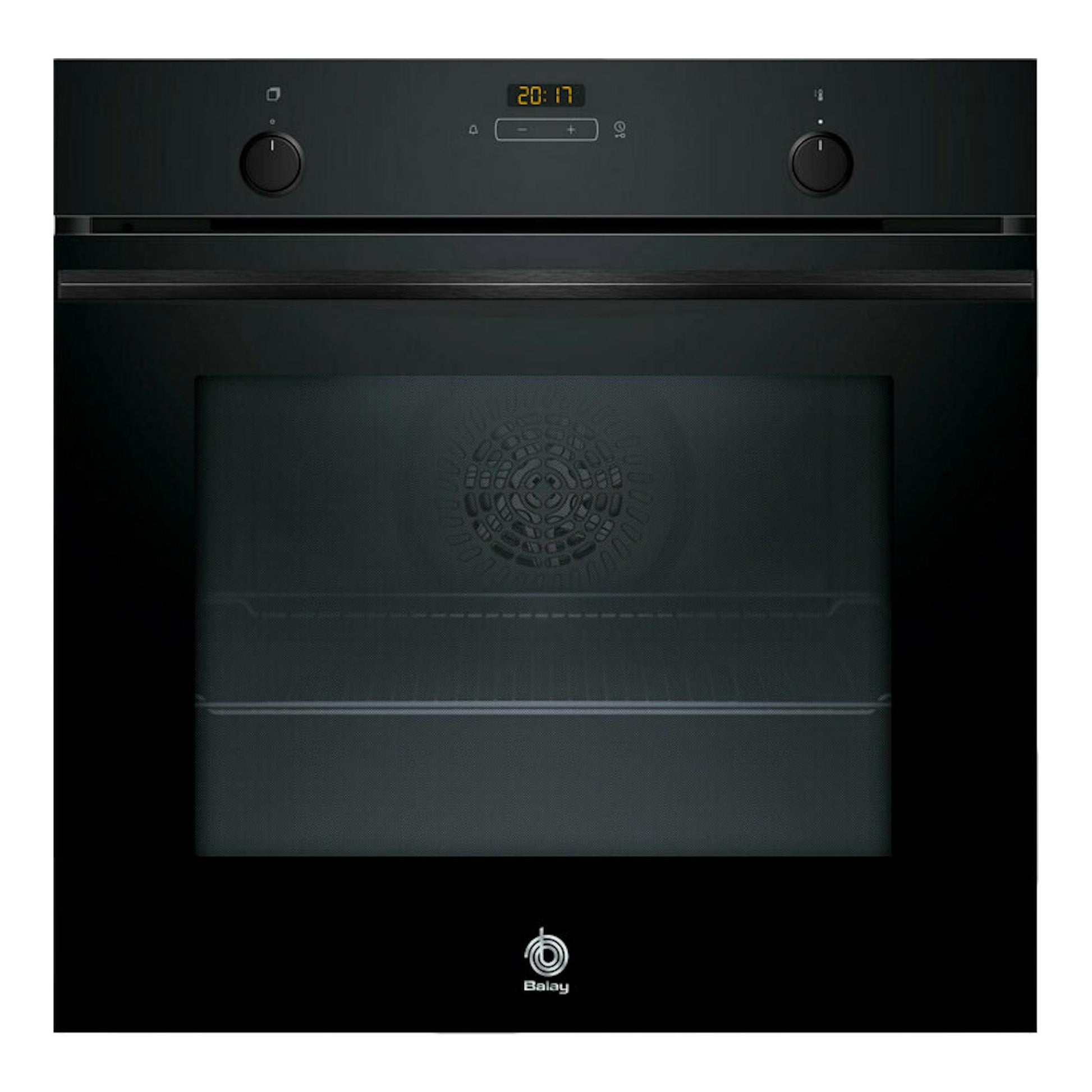 Horno Balay 3HB513CN3 de cristal negro, vista frontal, con dos mandos y display digital.