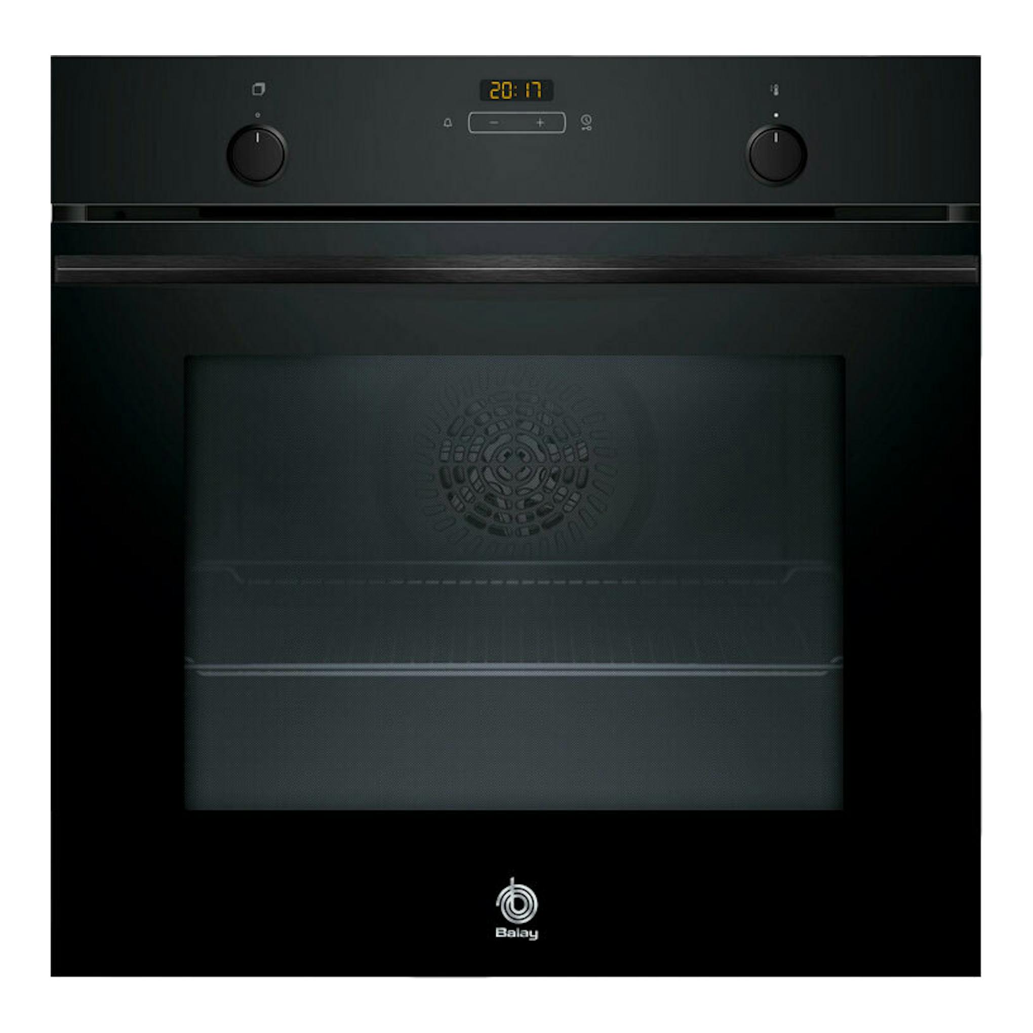 Horno Balay 3HB513CN3 de cristal negro, vista frontal, con dos mandos y display digital.