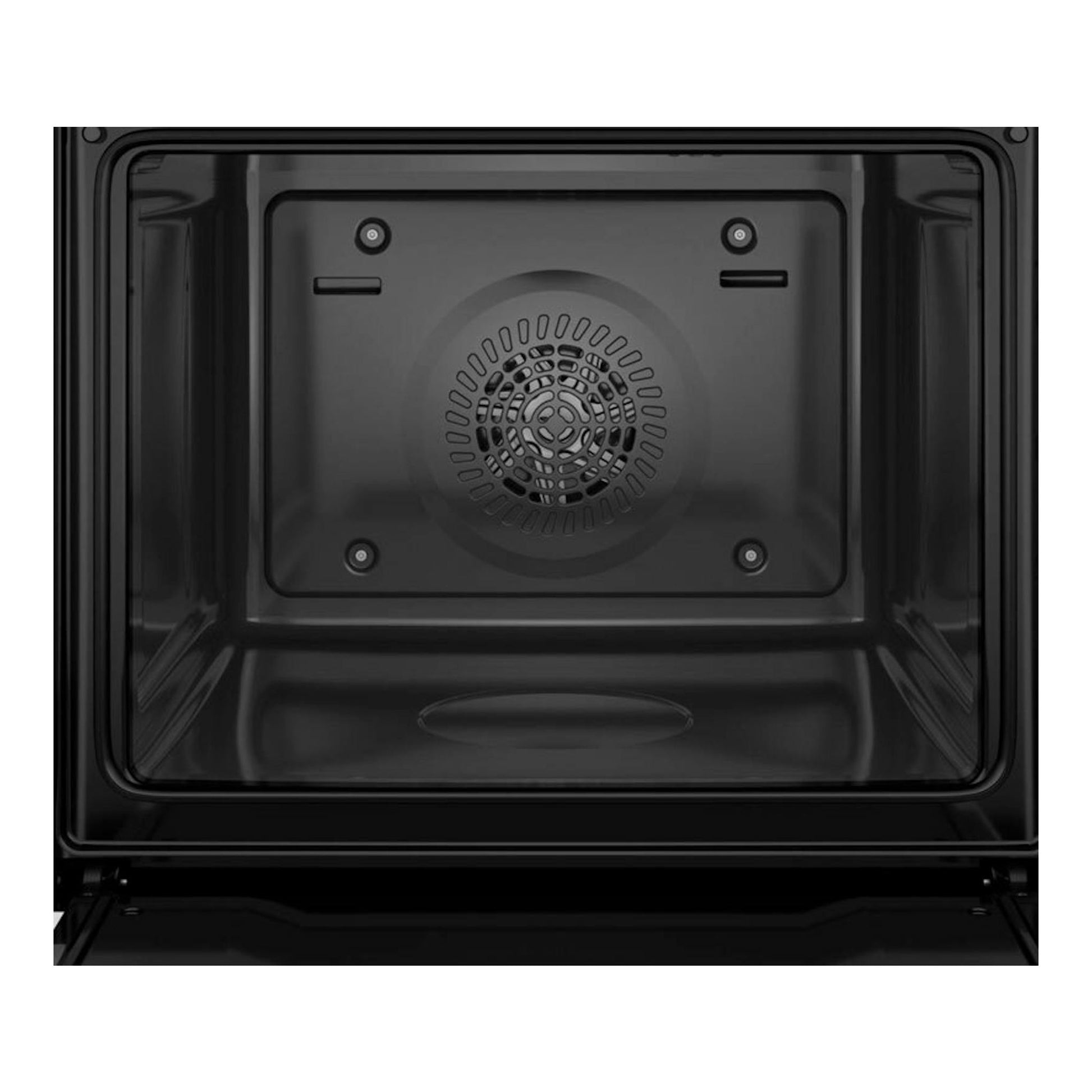 Horno Balay 3HB513CN3 de cristal negro, vista frontal del interior con puerta abierta y ventilador trasero.