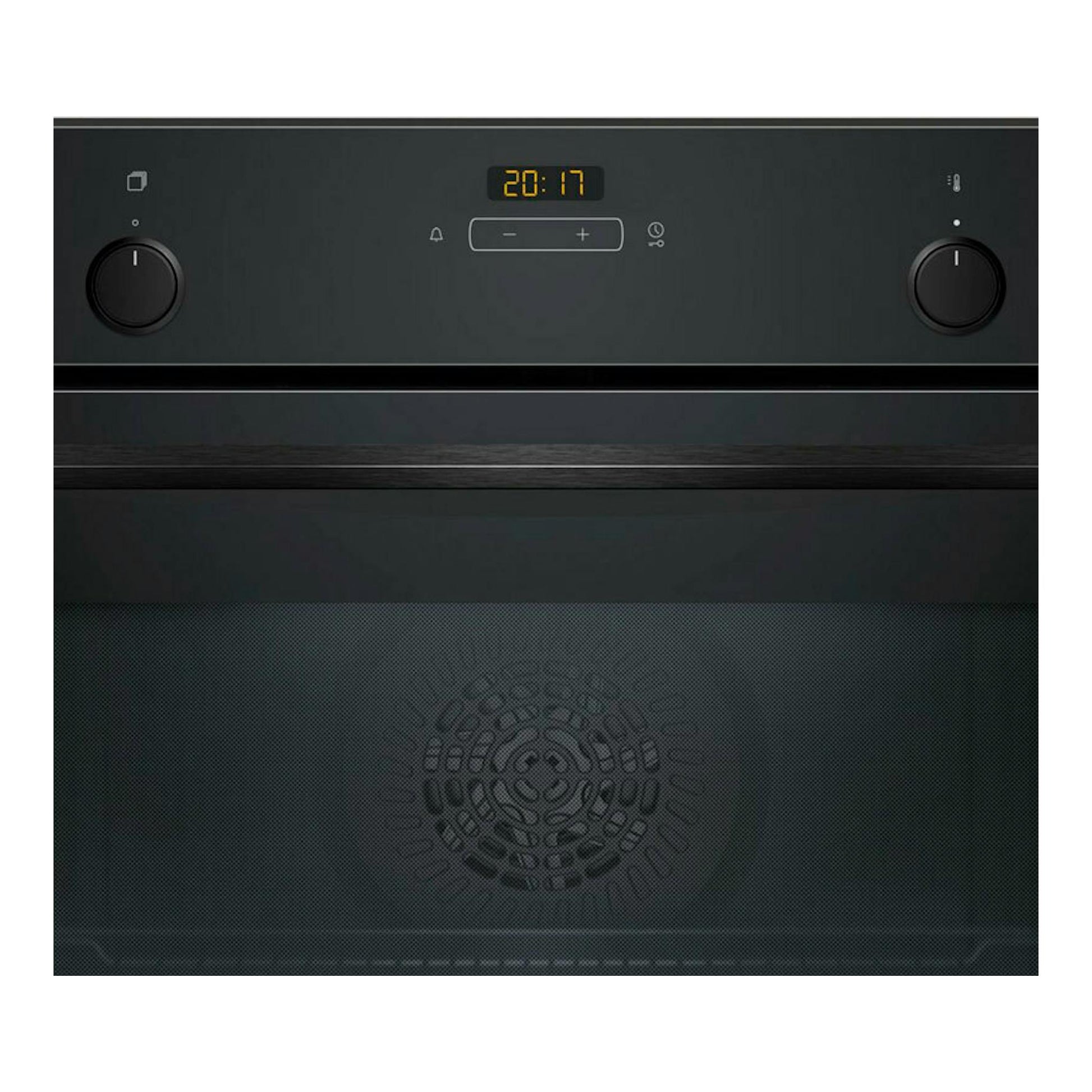 Horno Balay 3HB513CN3 de cristal negro, vista frontal con pantalla digital y dos mandos.
