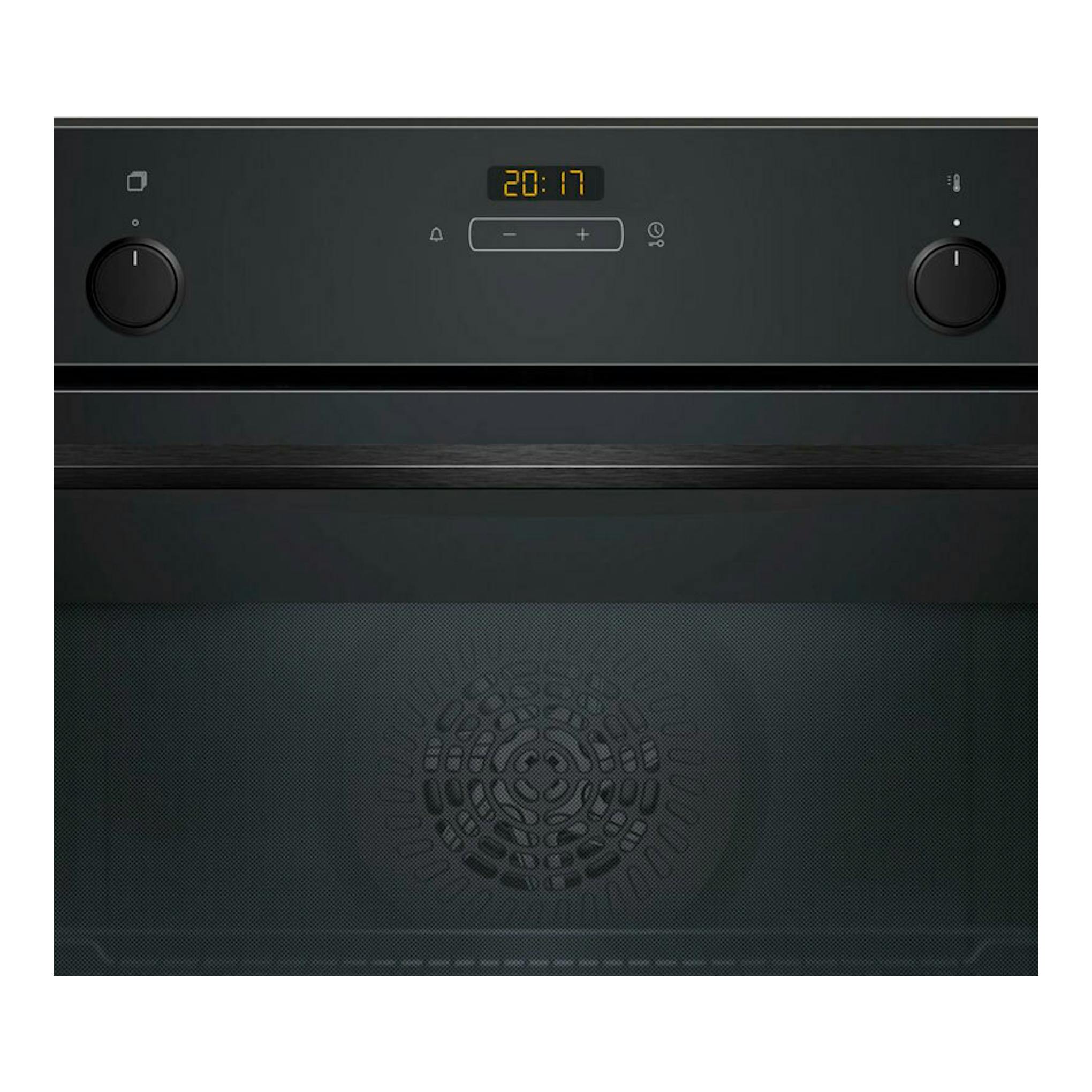 Horno Balay 3HB513CN3 de cristal negro, vista frontal con pantalla digital y dos mandos.