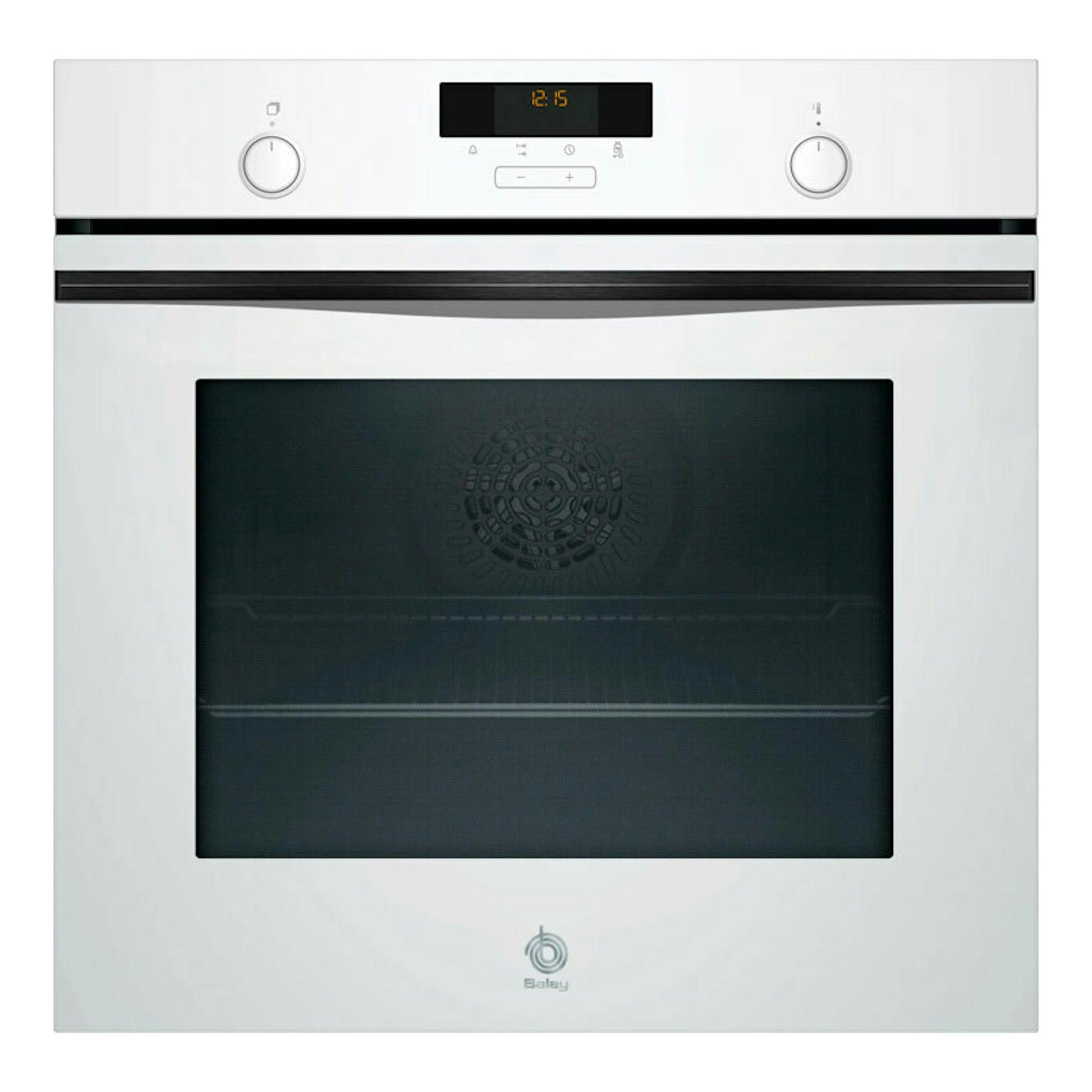 Horno Balay 3HB5159B3 blanco, vista frontal, con dos mandos, display digital y puerta de cristal negro.