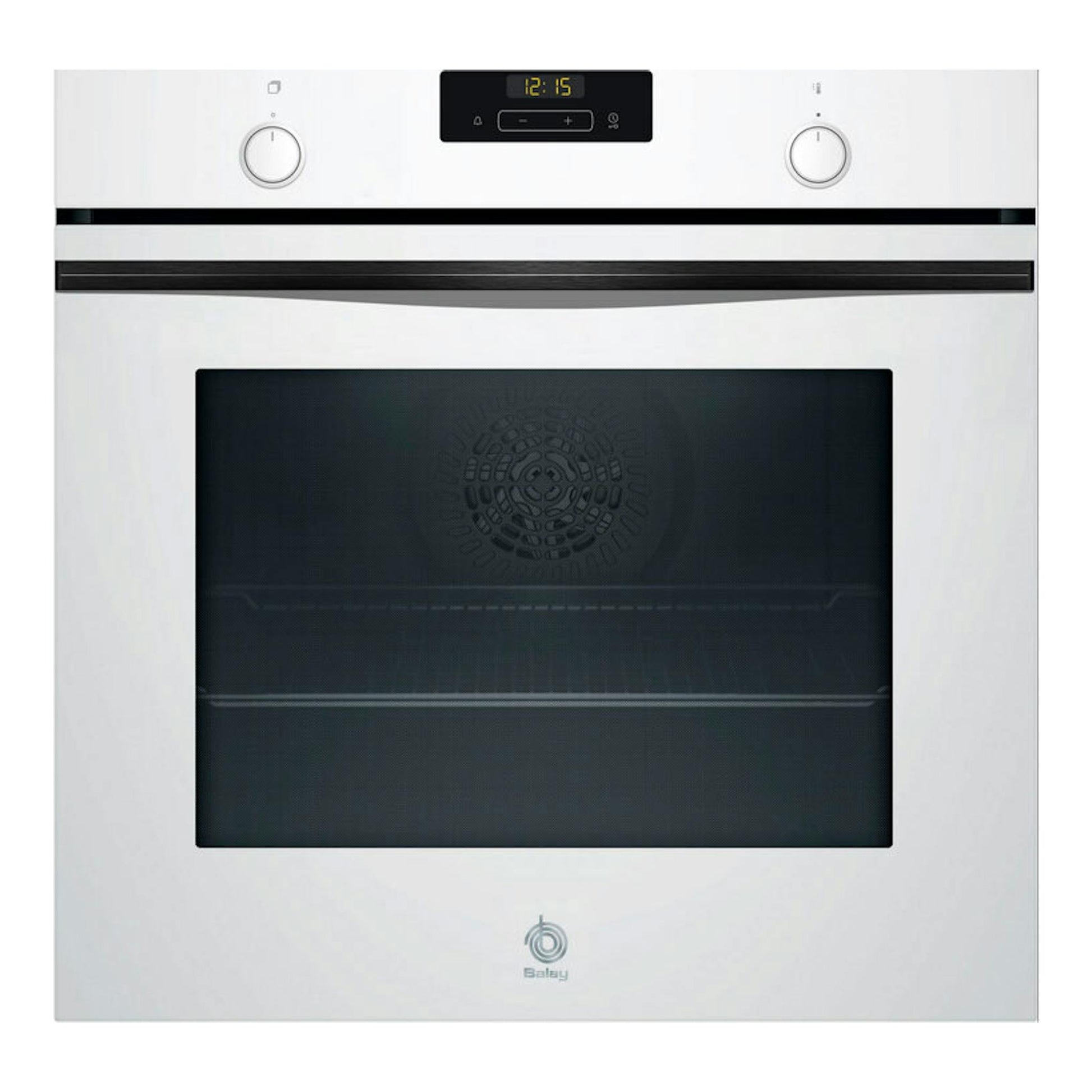 Horno Balay 3HB5159B4 blanco, vista frontal, con puerta de cristal negro, display digital y dos mandos.