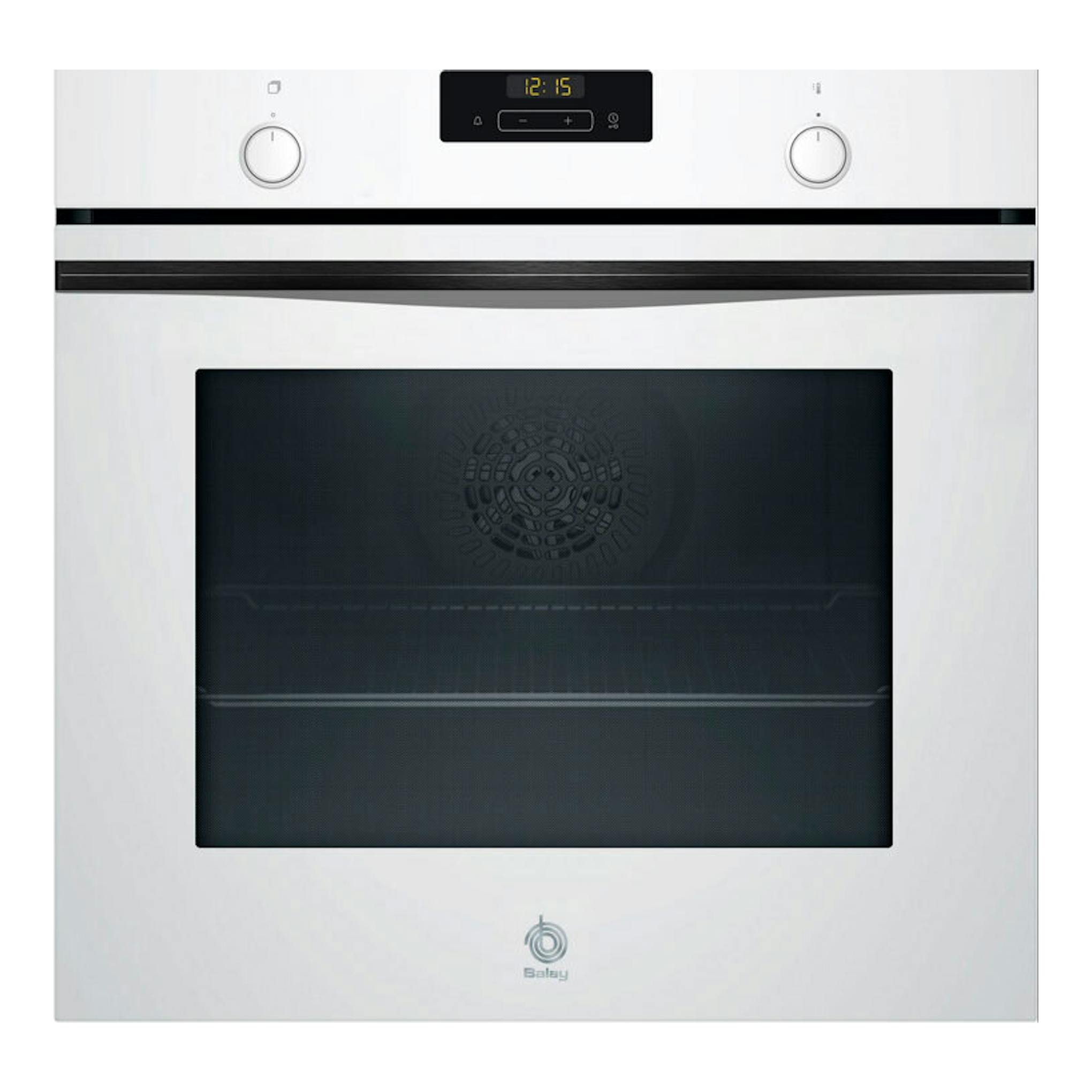 Horno Balay 3HB5159B4 blanco, vista frontal, con puerta de cristal negro, display digital y dos mandos.