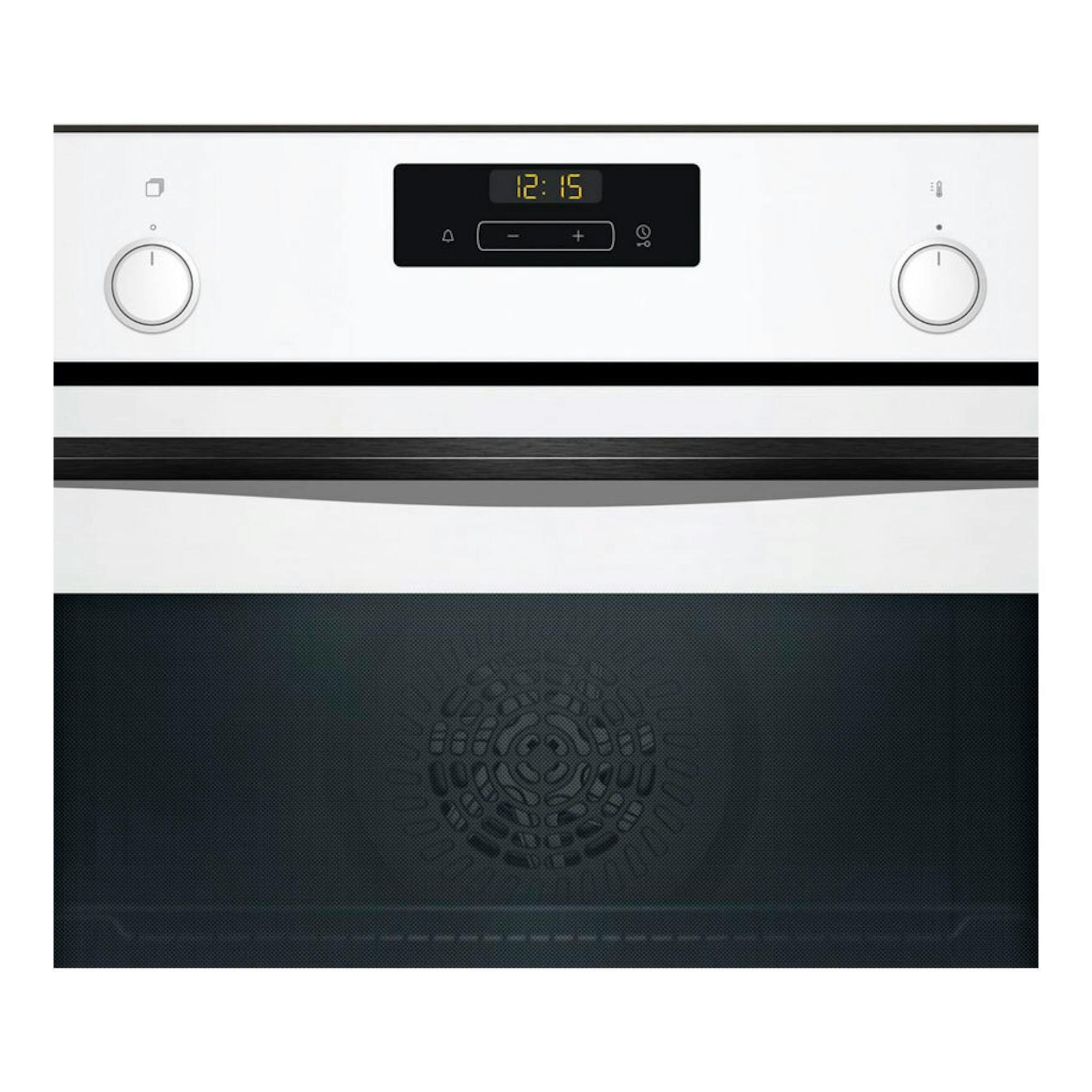 Horno Balay 3HB5159B4 blanco, vista frontal, con dos mandos laterales y pantalla digital central.