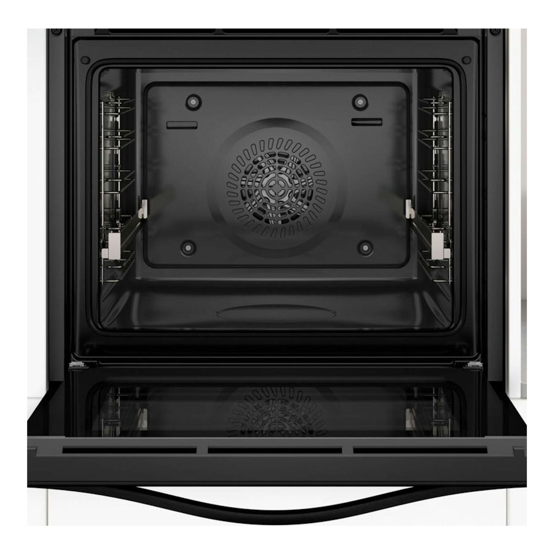 Horno Balay 3HB5159B4 de cristal blanco, vista frontal con la puerta abatida y cavidad interior negra.