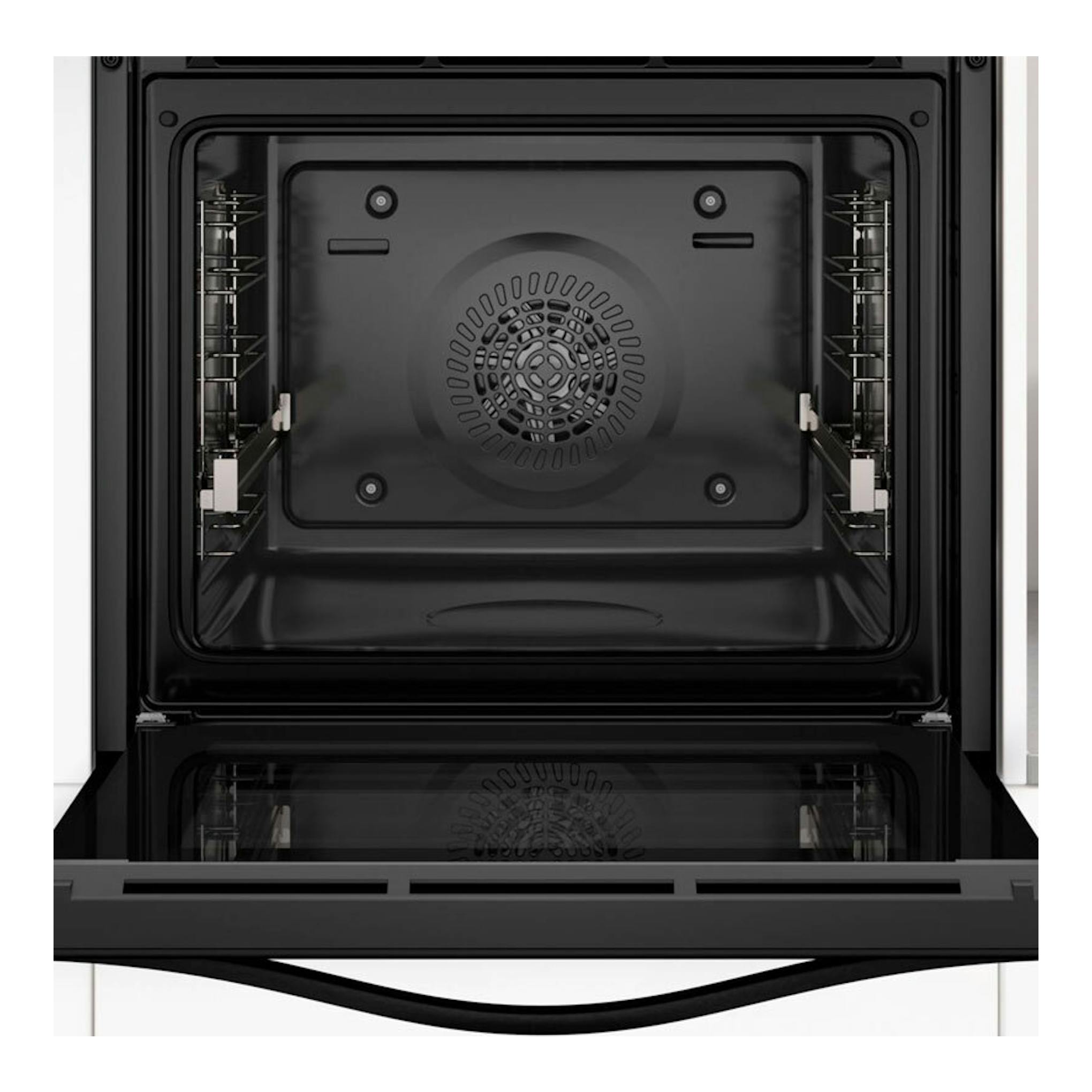 Horno Balay 3HB5159B4 de cristal blanco, vista frontal con la puerta abatida y cavidad interior negra.