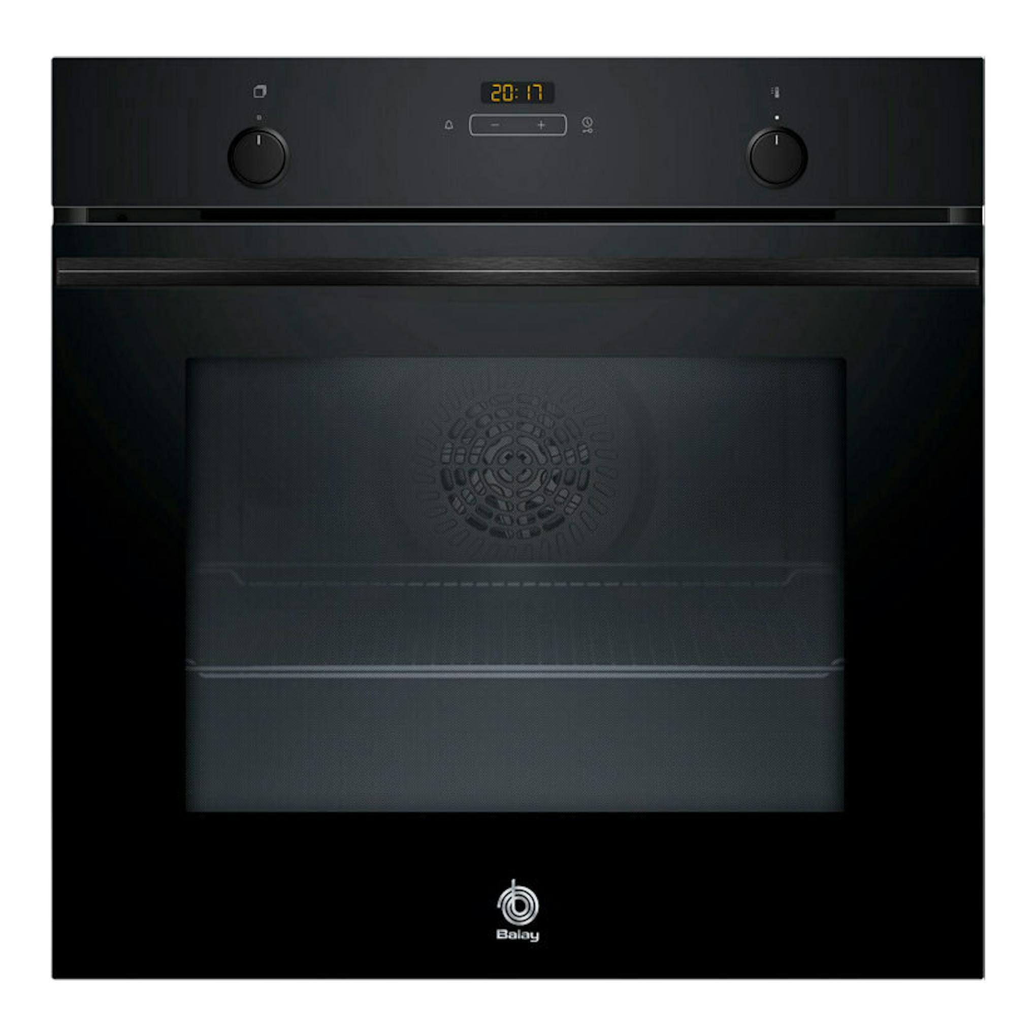 Horno Balay 3HB5159N4 de cristal negro, vista frontal, con dos mandos y display digital.