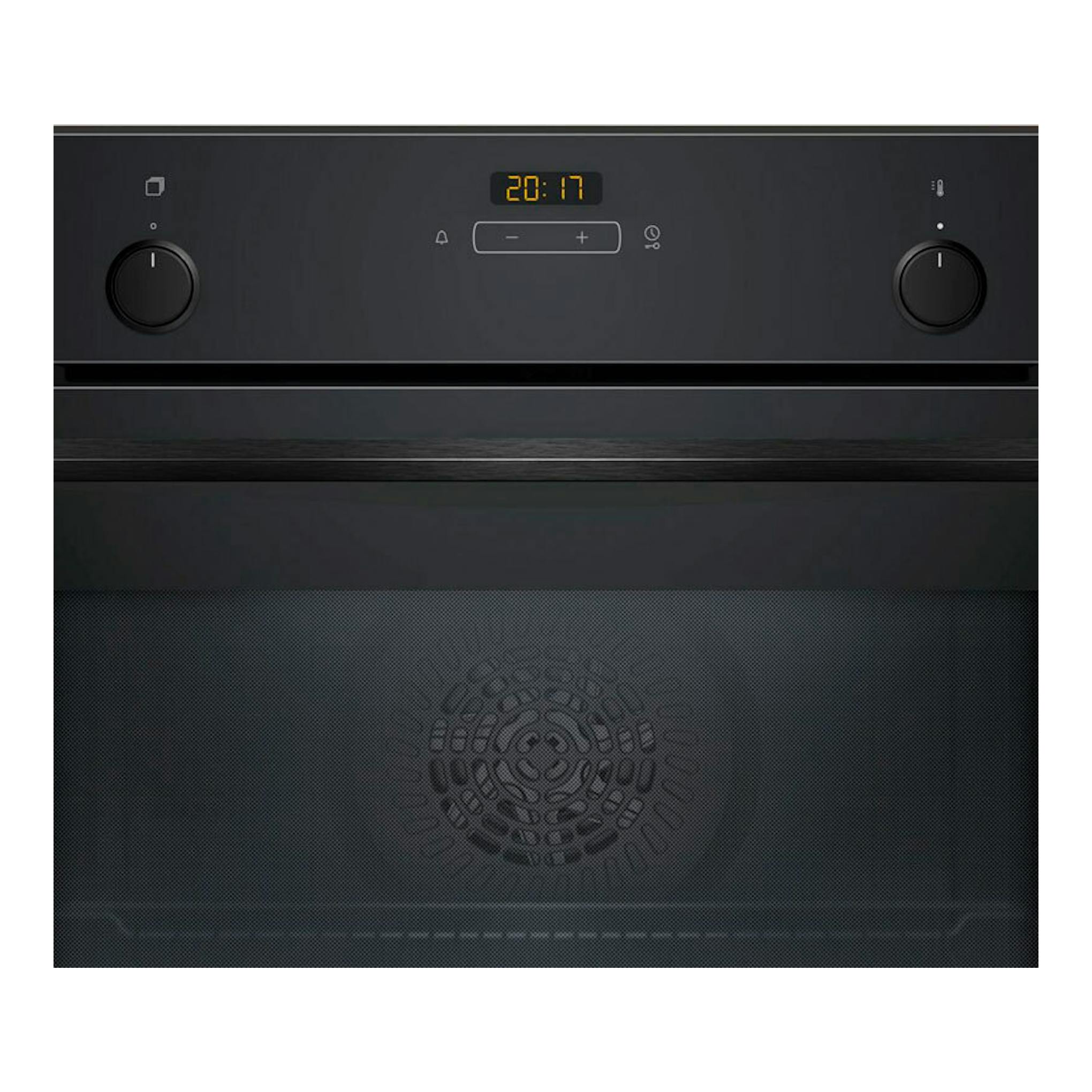 Horno Balay 3HB5159N4 de cristal negro, vista frontal con dos mandos y display digital.